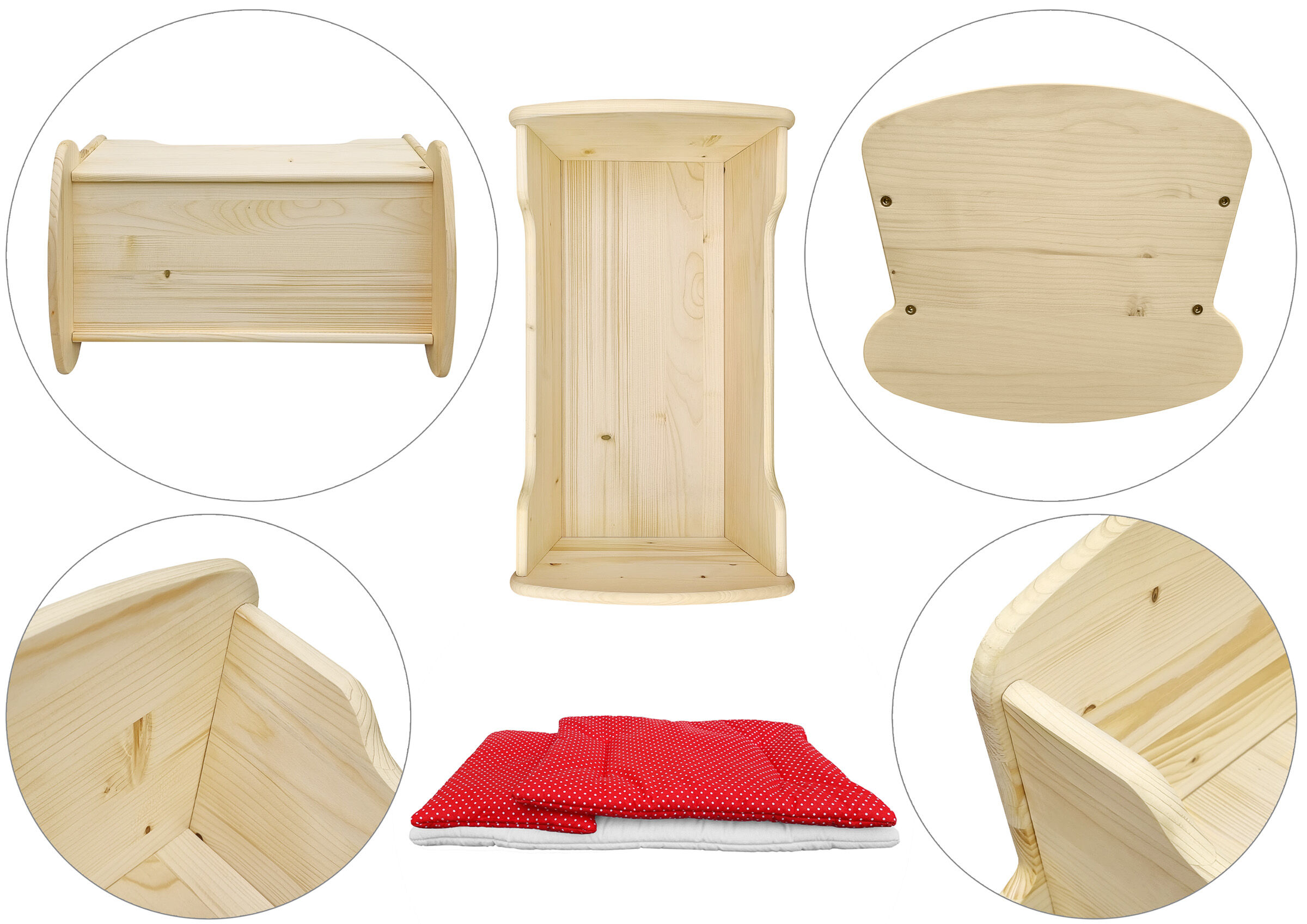 Holzstab, Kissen, Möbel-Set, Kinderstuhl, Puppenbett, Mehrere Detailbilder der Puppenwiege
