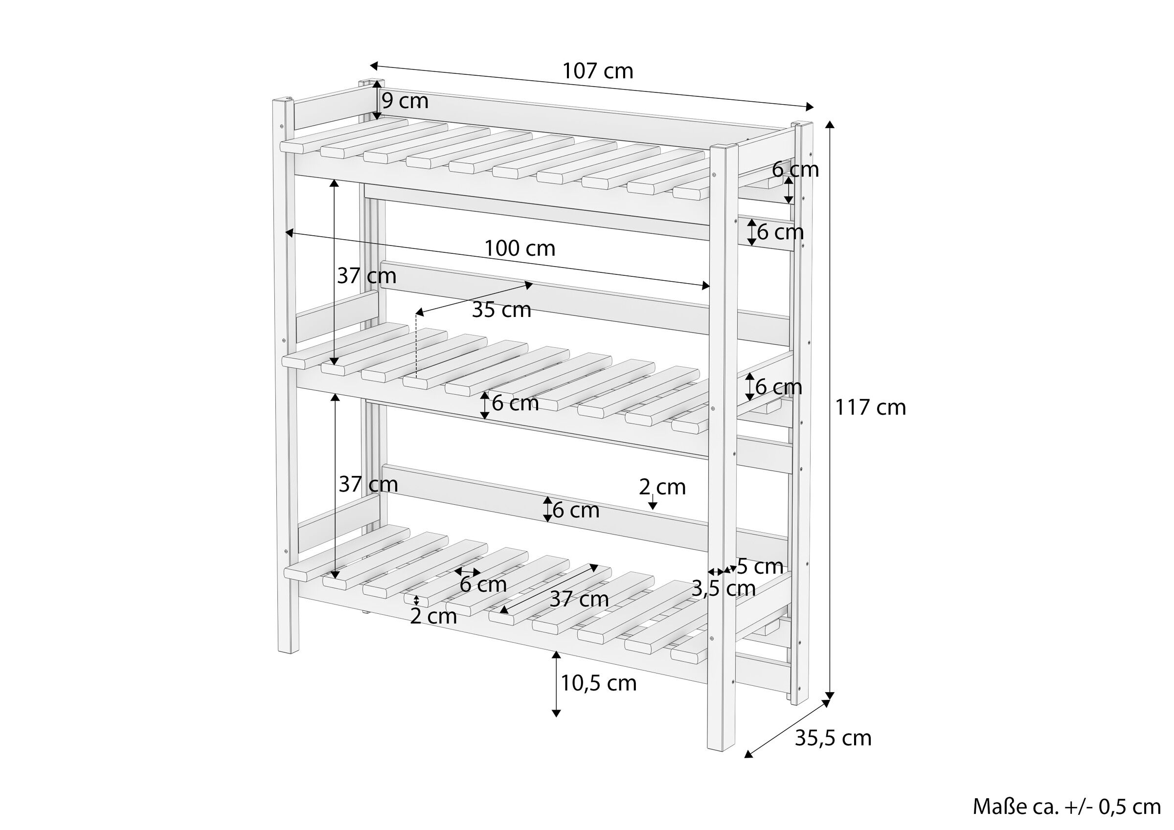 Kleiderschrank, Holzregal, Etagenbett, Holzspalten, Maße 107 cm, Maßskizze
