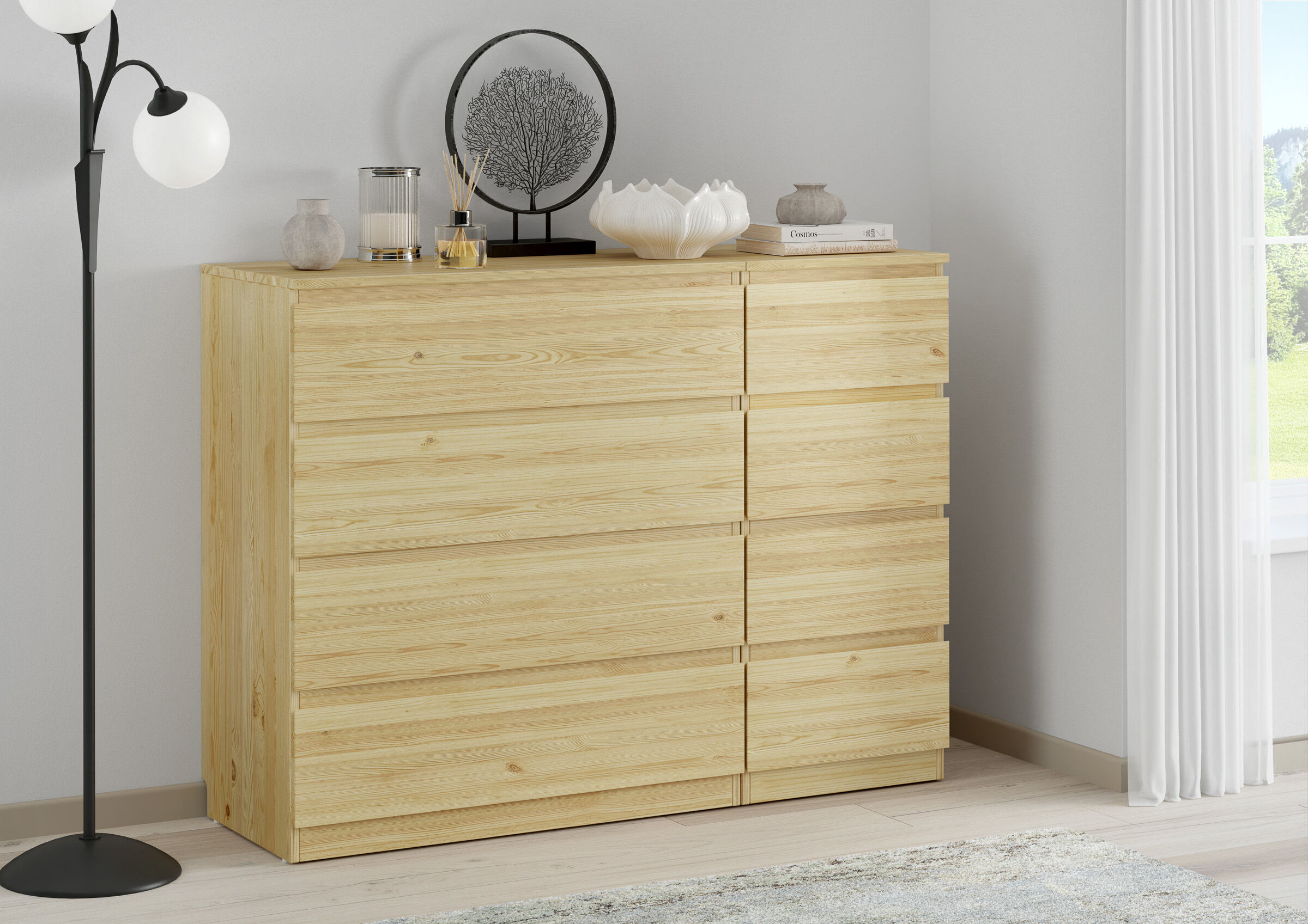 Kleiderschrank, Kommode, Holz, Naturholz, Kammerschubladen, Zimmerbild des Sideboards Sets
