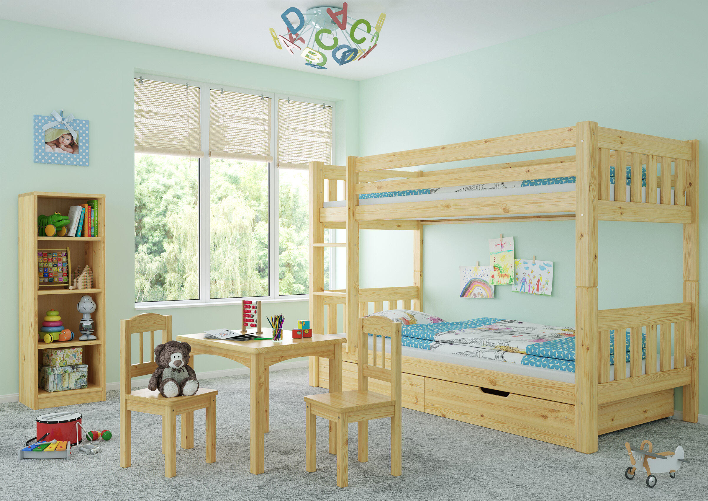 Kinderzimmer, Etagenbett, Holzbettrahmen, Buntes Spielzeug, Bastelwand, Stabiles Stockbett im Kinderzimmer mit 2 Schubladen