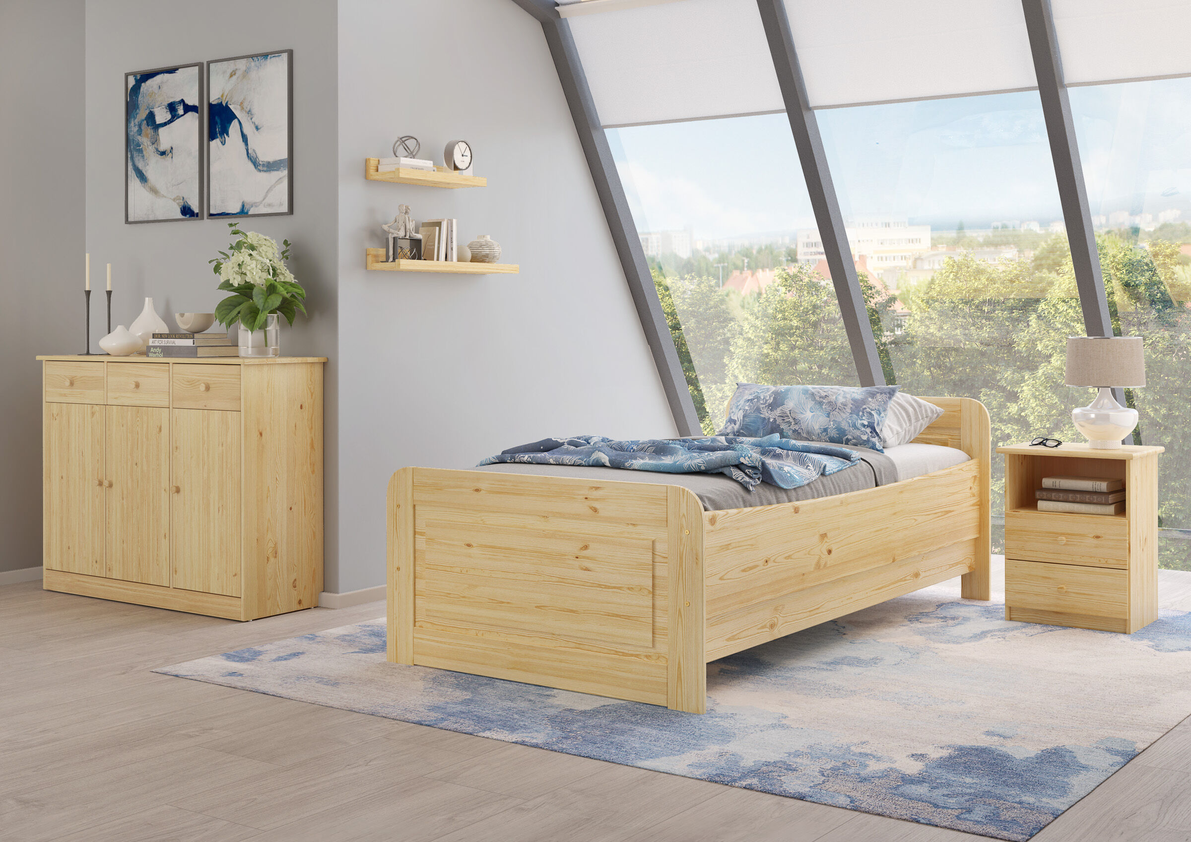 Innenarchitektur, Inneneinrichtung, Holz, Bett, Mobiliar, Hohes Massivholzbett 100x200 im Schlafzimmer