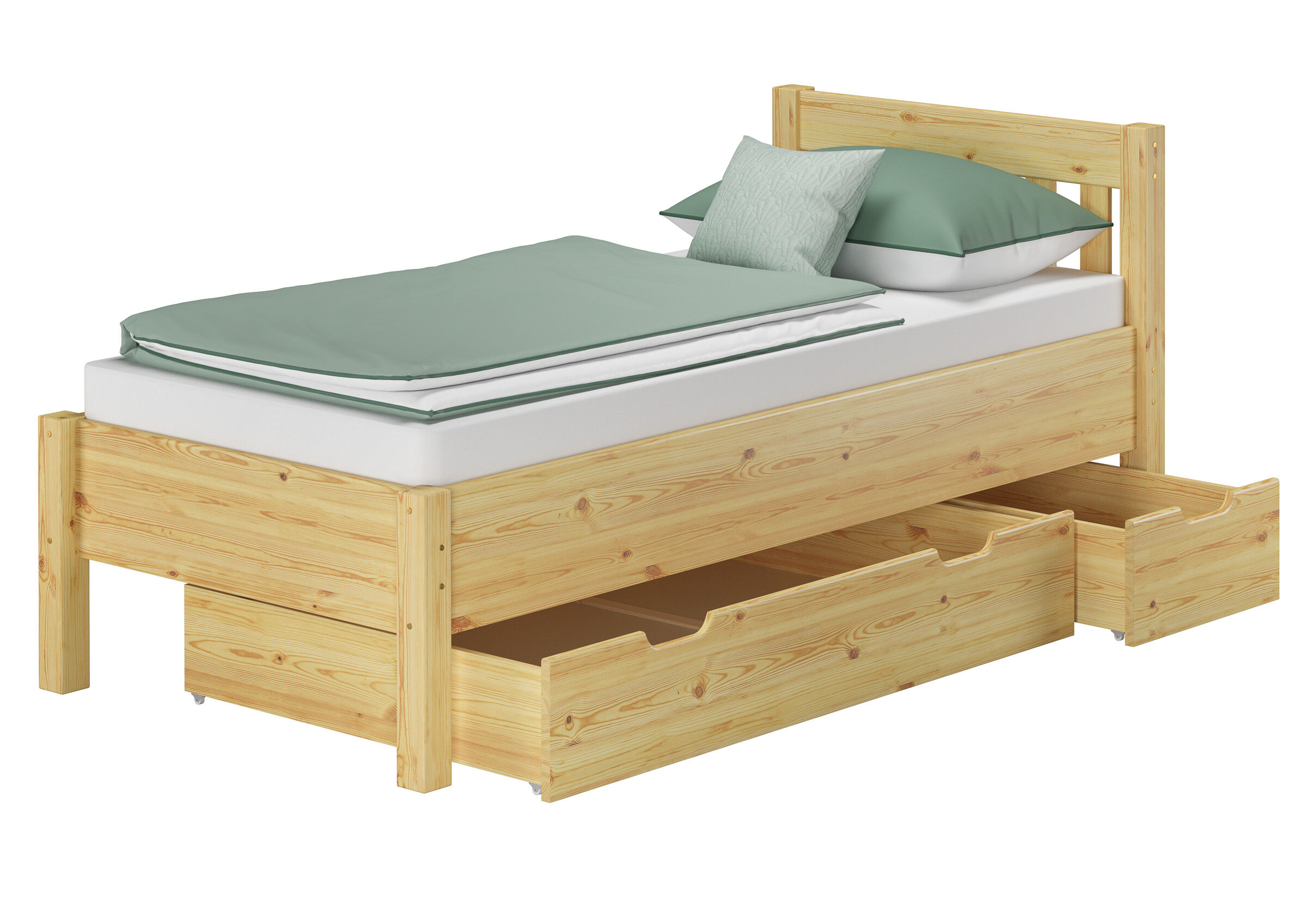 bett, holzbettrahmen, bettgestell, bettrahmen, holzbettrahmen, Einzelbett Kiefer natur mit Bettkasten