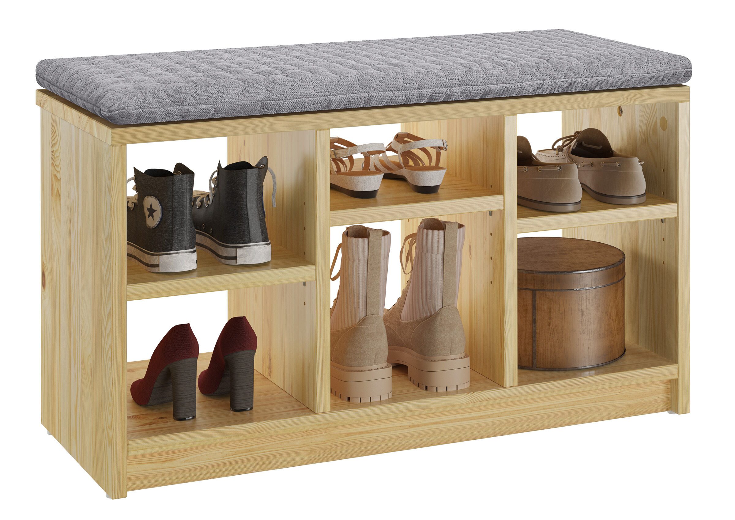 Schuhregal, Sitzbank mit Stauraum, Holzregal, Schuhaufbewahrung, gepufferte Sitzfläche, graues Sitzbankpolster 83x35