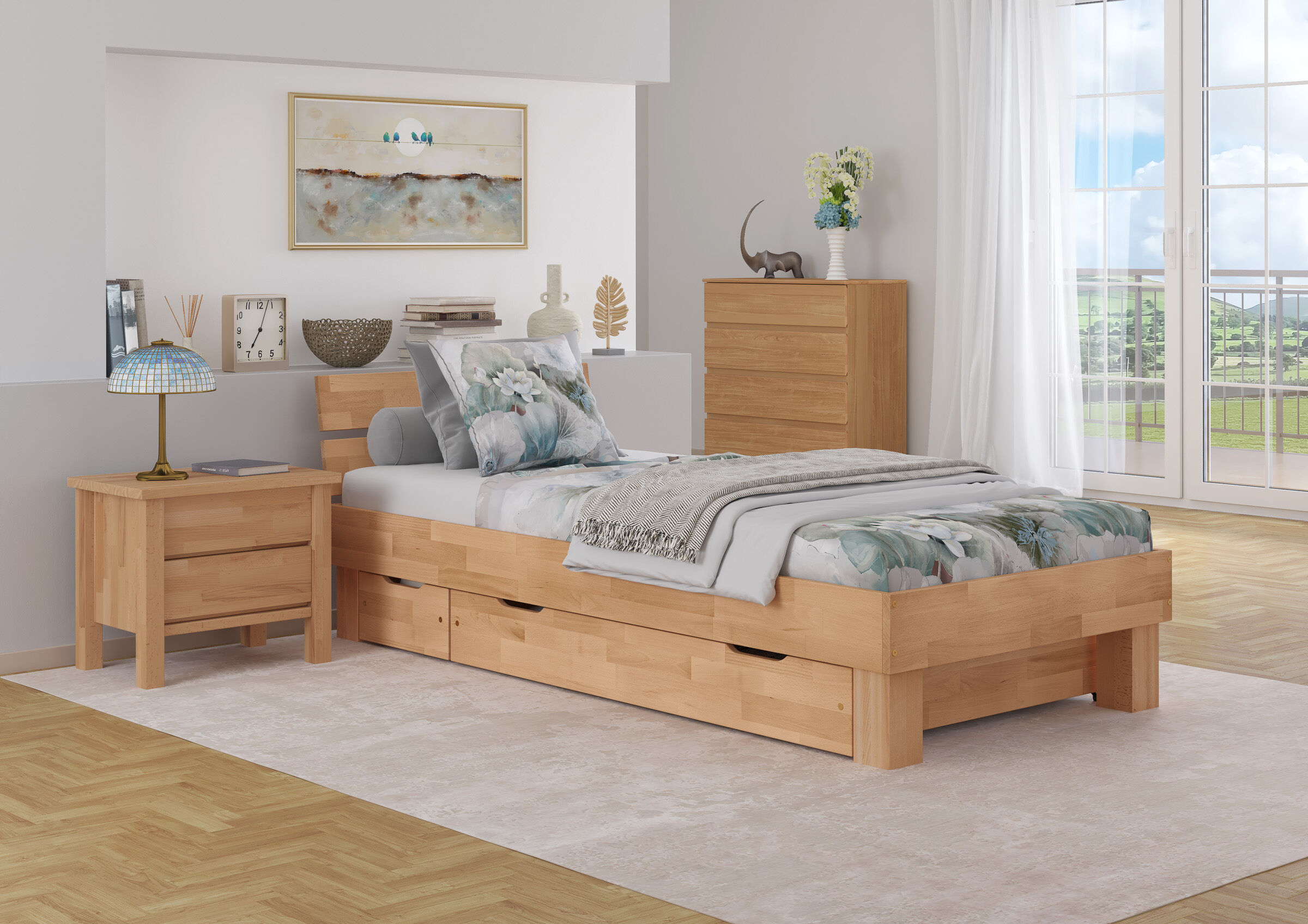Betttisch, Nachttisch, Kommode, Holzbettrahmen, Kissen, Geteilte Bettkasten unten den Einzelbett 90x200