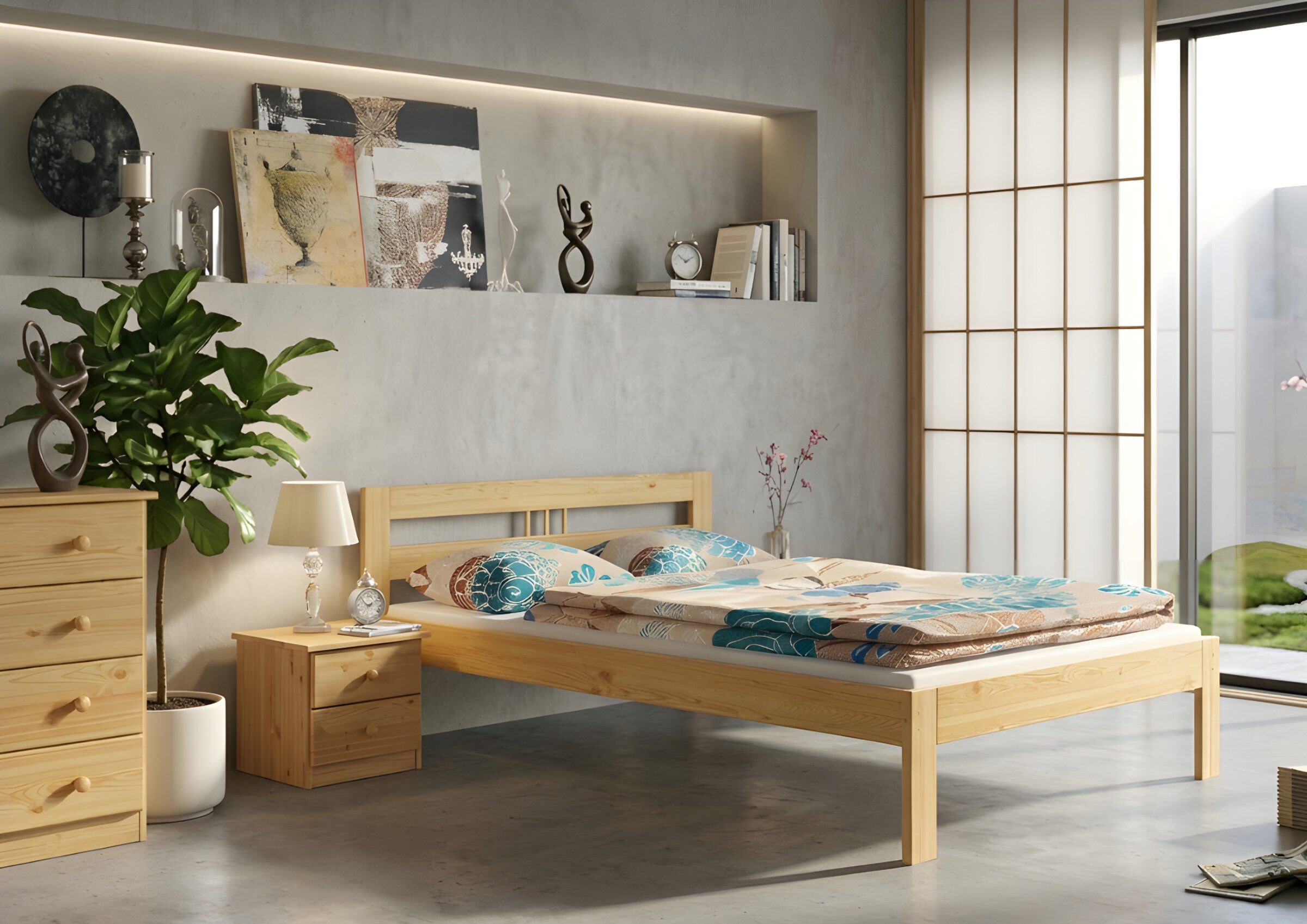 bett, holzbettt, baumaterial, blumenbettt, bettgestell, Holzbett, Schlafzimmer, Kissenmuster, Regal-Deko, Zimmerpflanze, Zimmerbild Kiefer Bett natur