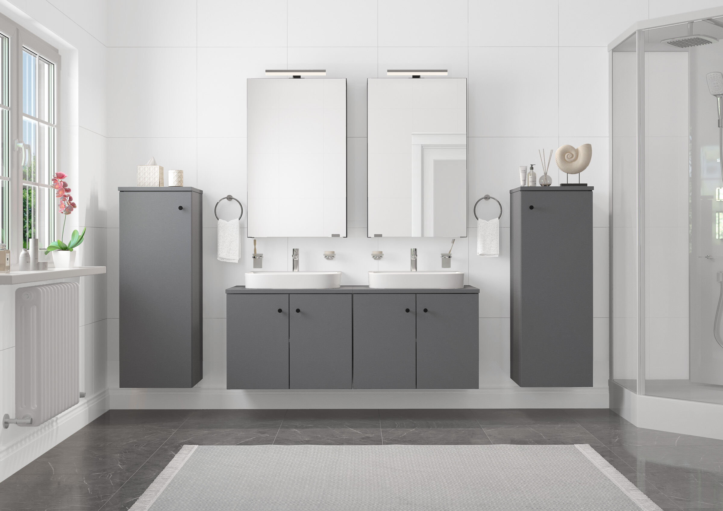 Badezimmer-Unterschrank, doppel Waschbecken, graue Schränke, Wandspiegel, Duscheinheit, Waschplatz für zwei