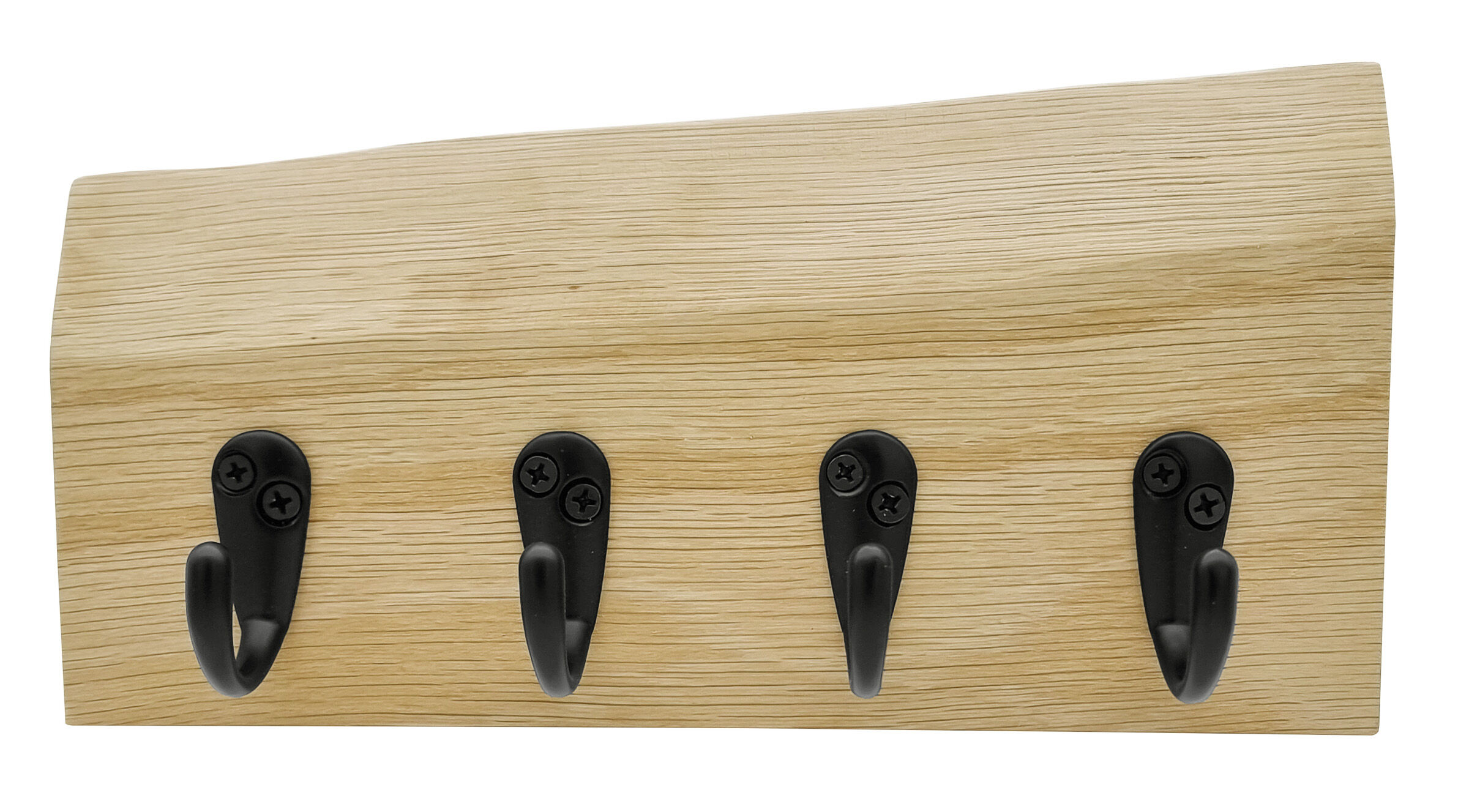 Holzboard, Wandboard, Kleiderhaken, Schwarze Haken, Holzoberfläche, Detailbild des kürzeren Schlüsselbretts mit 4 Haken