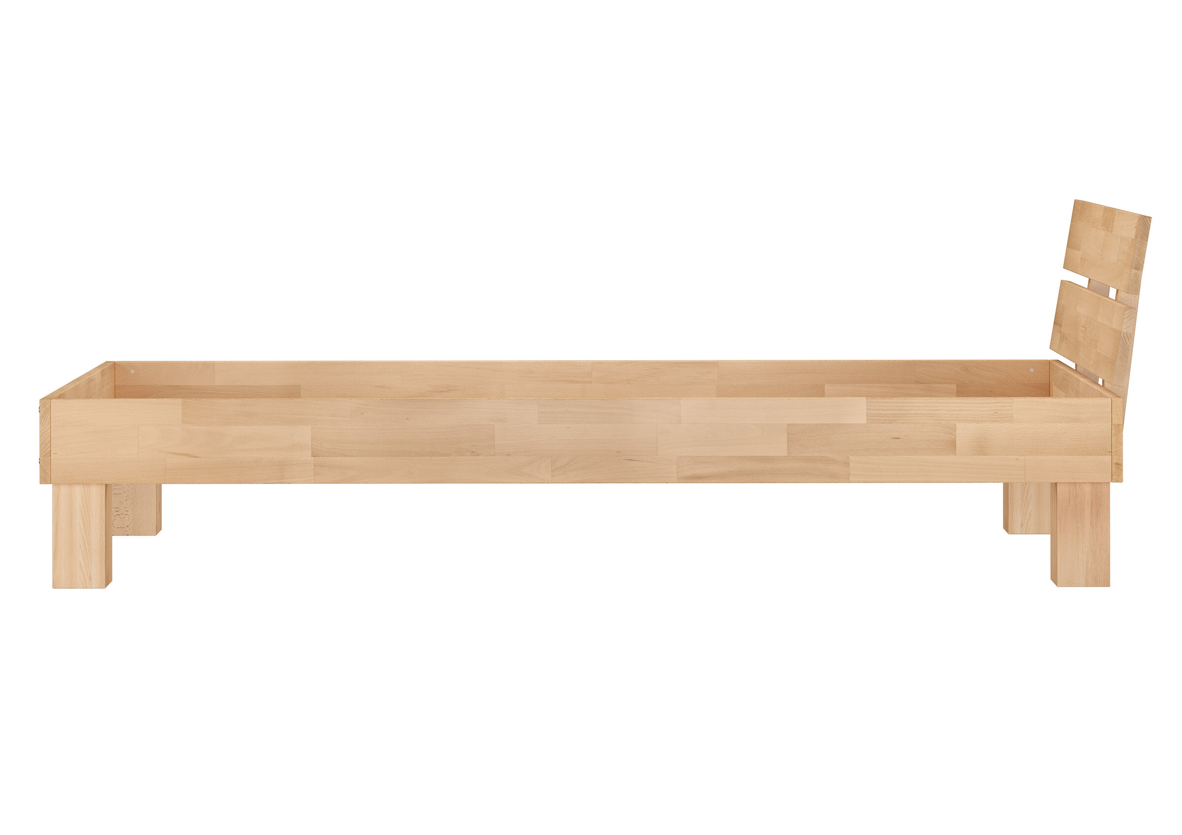 Holzbett, Holz, Massivholz, Bettgestell, Holzbetttisch, Detailbild des überlangen Futonbettes 100x220
