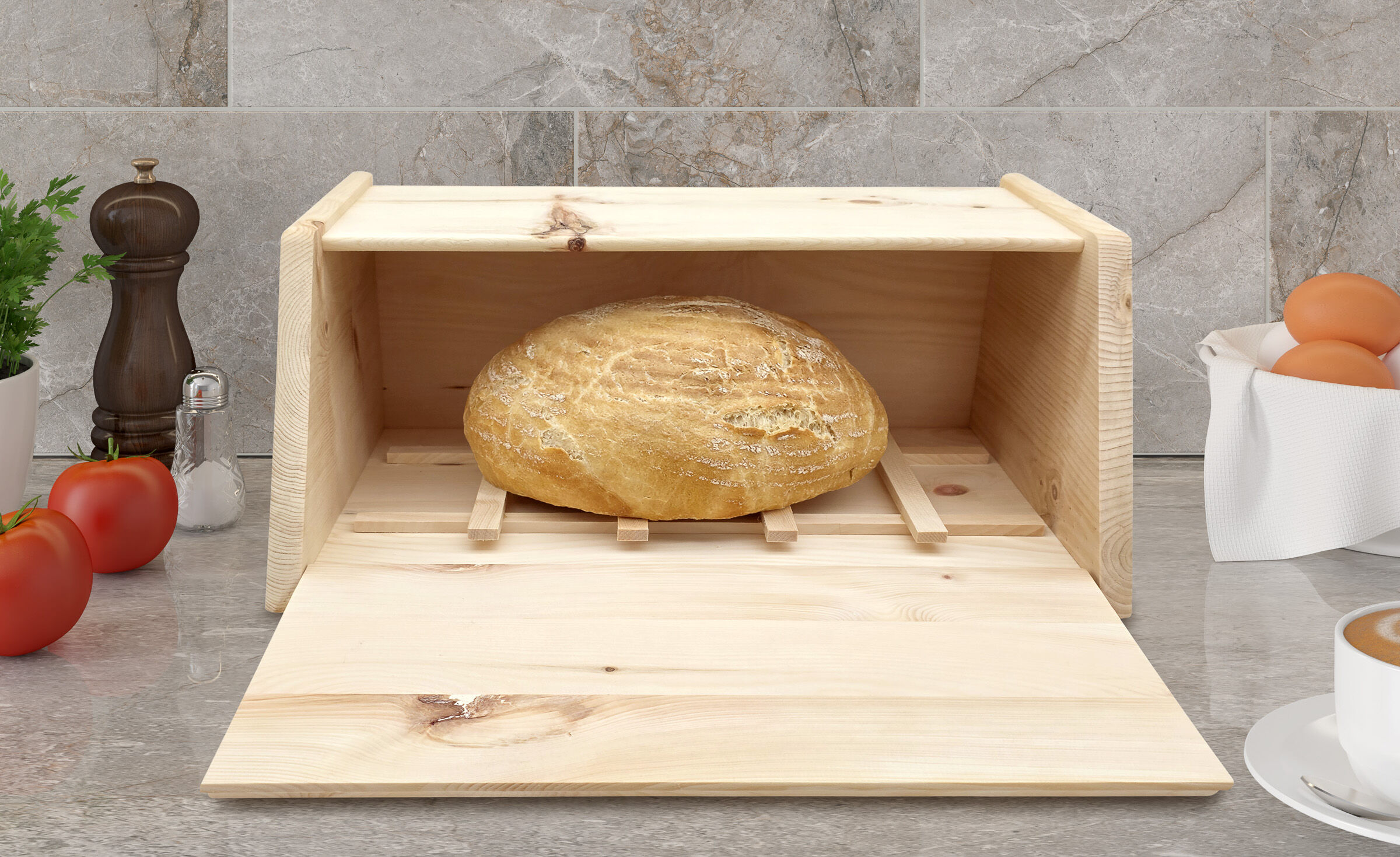 Brot, Essen, Pflanze, Kaffee, Kaffeetasse, Massivholz Zirbe Brotkasten