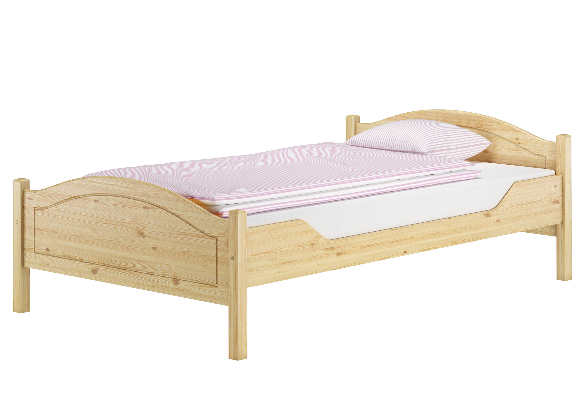 Holzbett, Kiefer, Einzelbett, Natürliche Holzoptik, Pink gestreifte Bettwäsche, Kiefer Massivholzbett natur