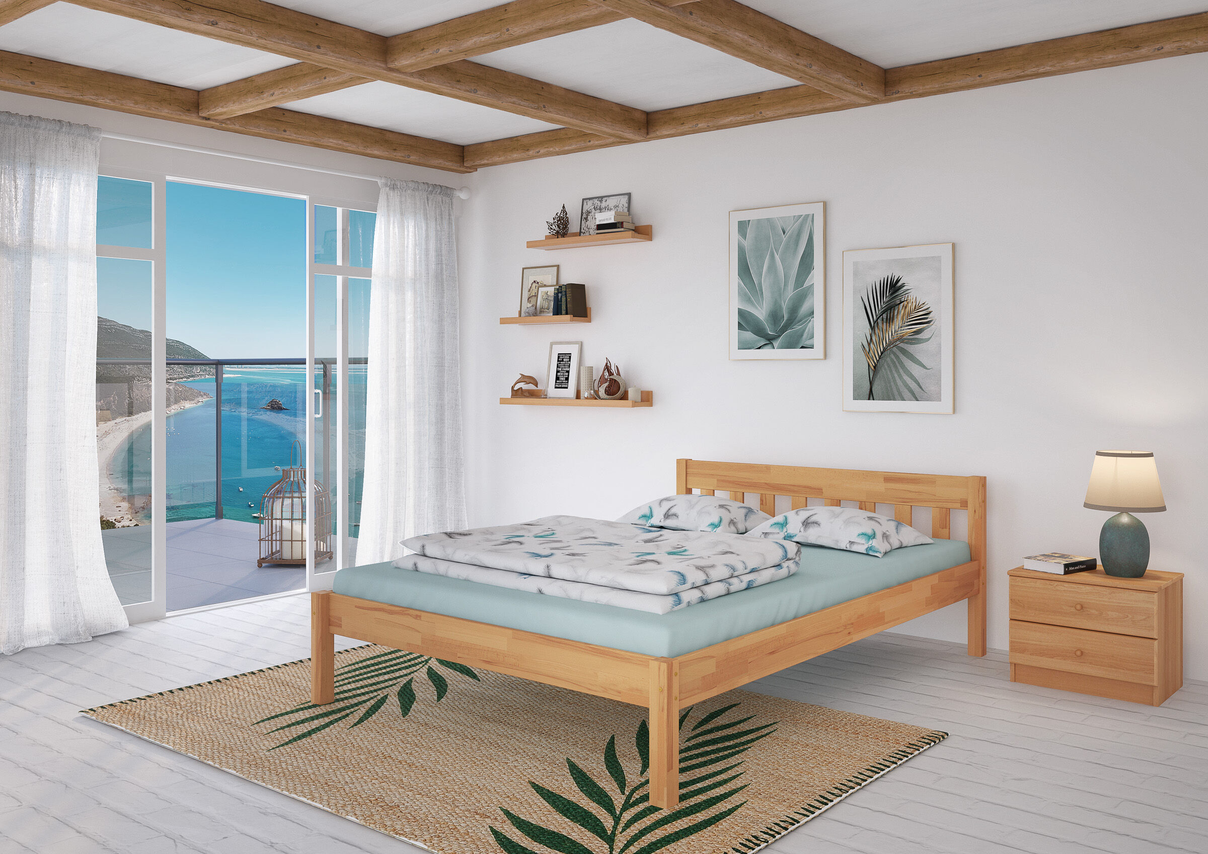 bett, Holzbett, Duvet, Meeresblick, Teppich, Doppelbett Buche