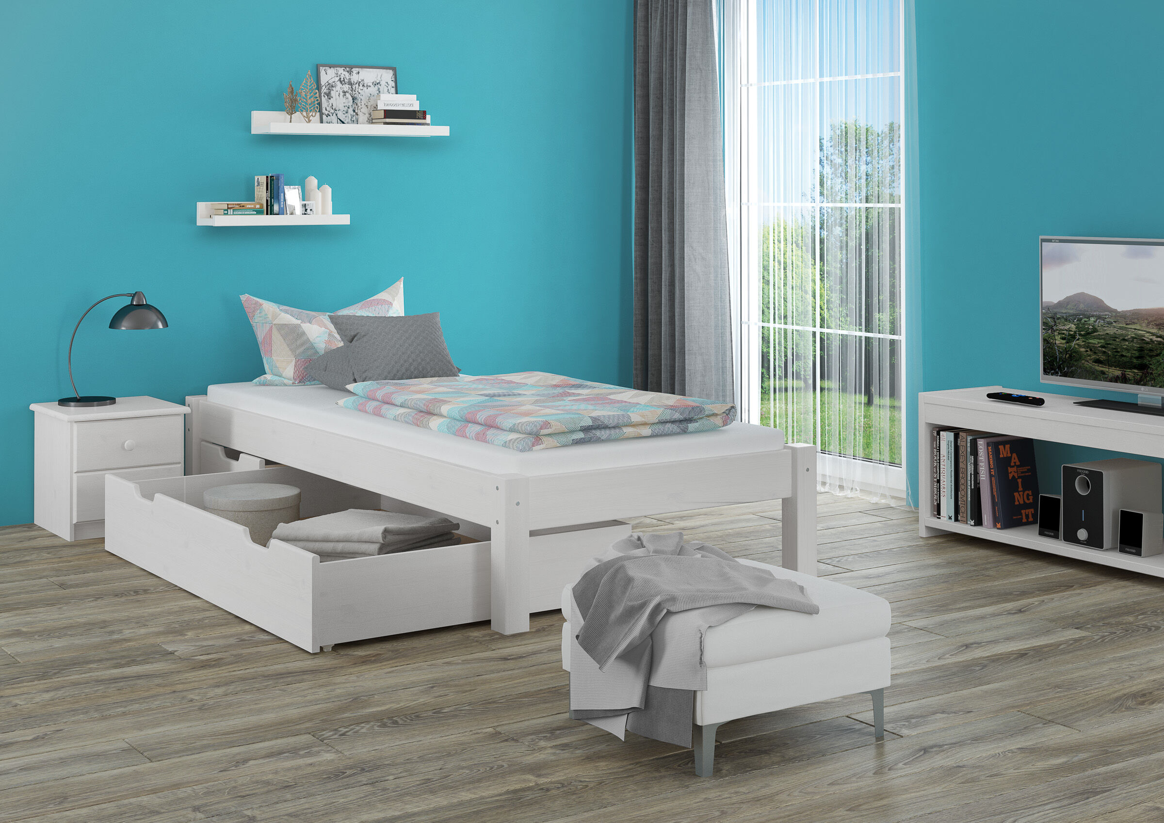 Kinderzimmer, Bett, weiße Möbel, Teppichlos, Wohnzimmer-Standards, Schlafzimmer mit Einzelbett und Bettkasten Kiefer weiß