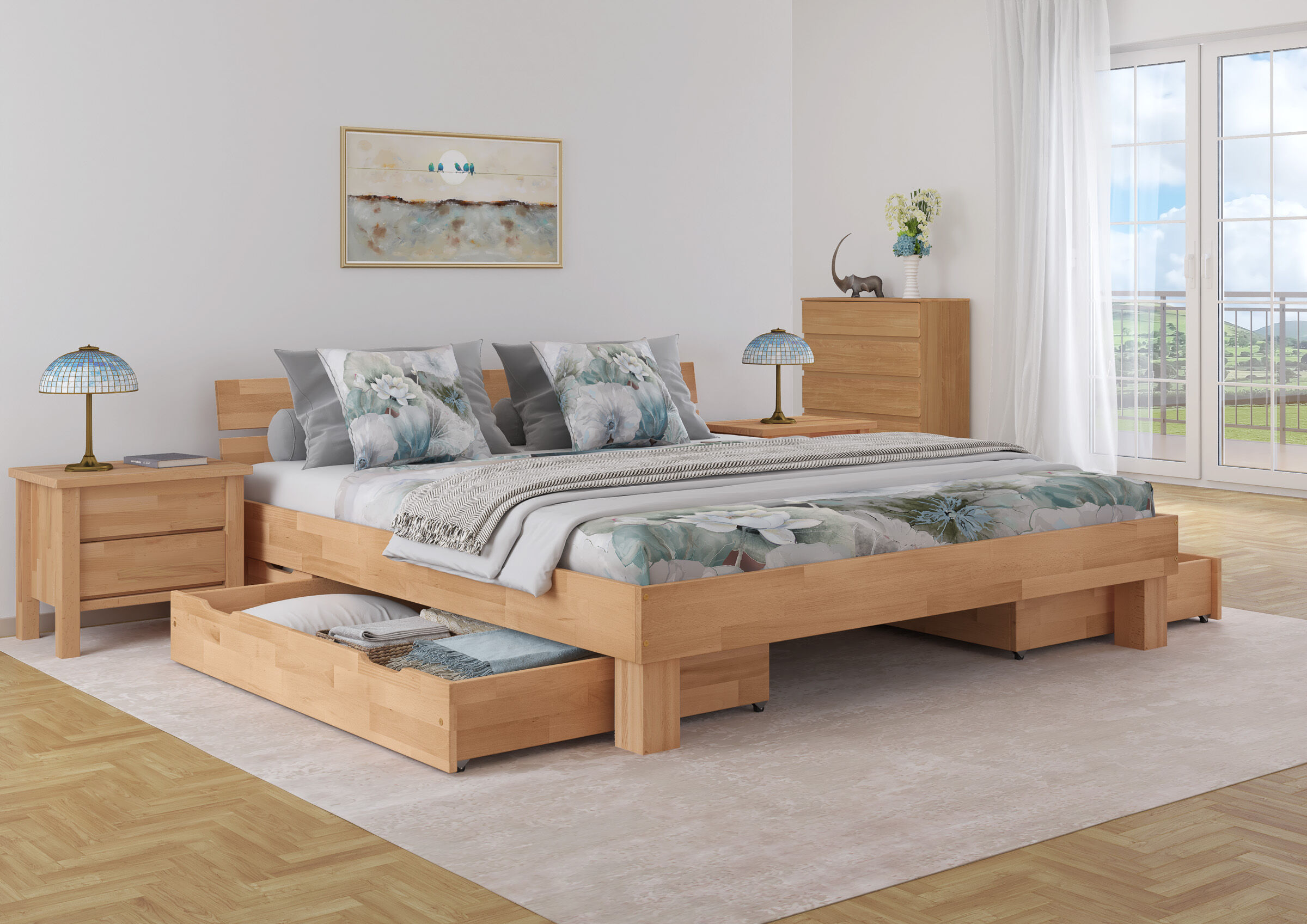 bett, holzbettrahmen, bettkasten, nachtische, blumenmuster, Doppelbett aus Buche 180x200 mit geteilten Bettkasten