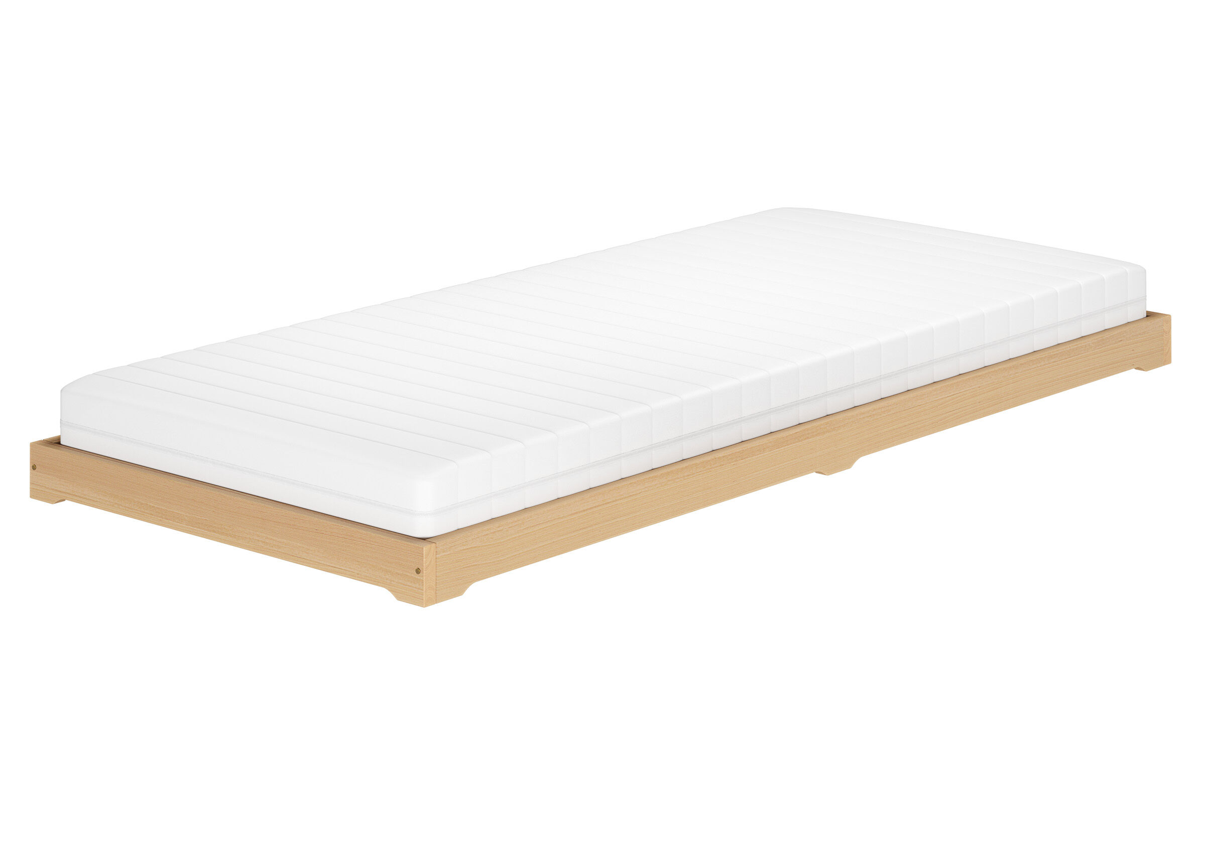 Matrazze, Bettgestell, Holzrahmen, Weiße Matratze, Flachbett, niedriges Bett aus Buche mit Matratze