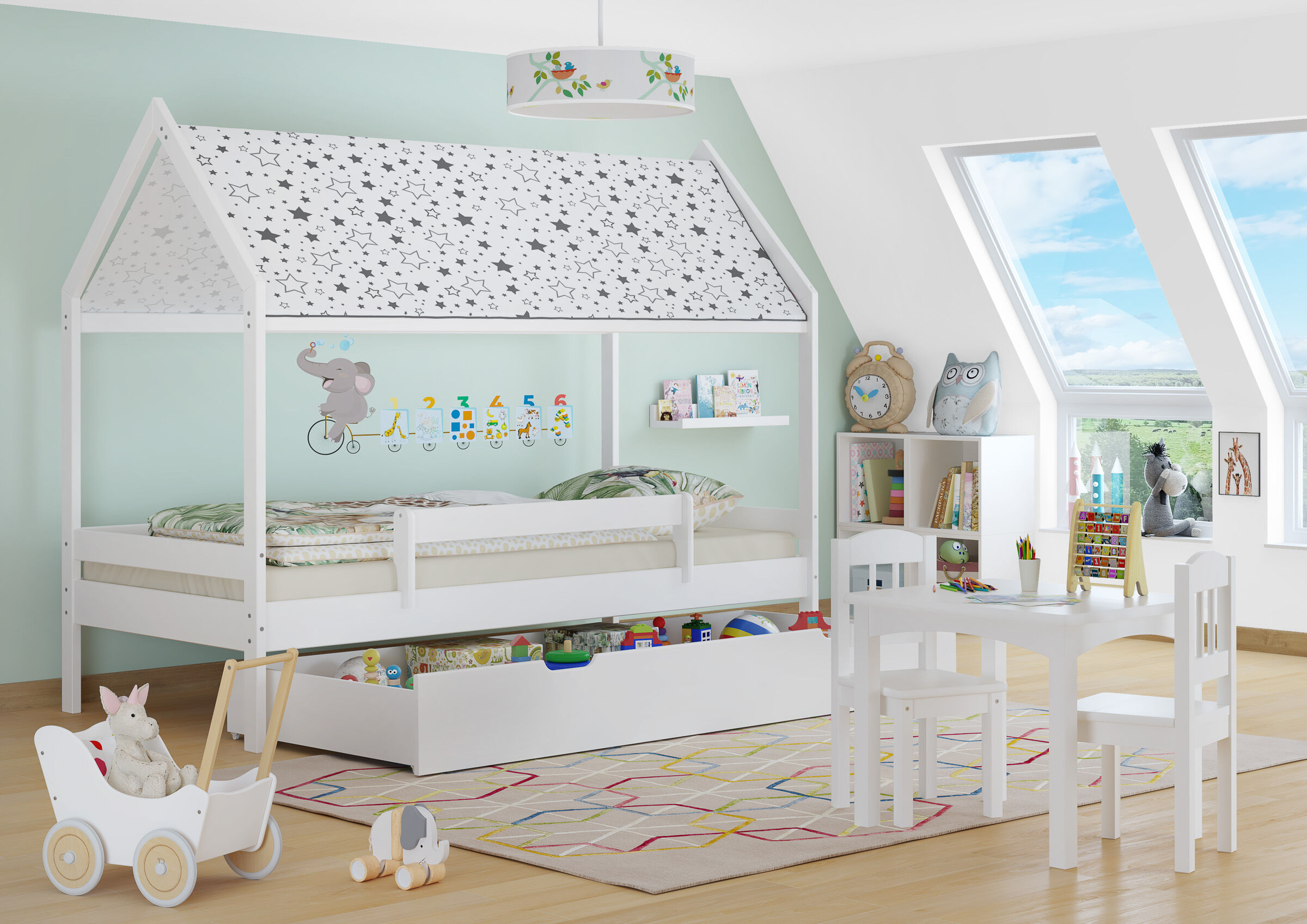 Etagenbett, Kinderzimmer, Holzbett, Weiß, Aufbewahrungsschublade, Süßes Kinderzimmer mit Sternenbett und Bettkasten weiß
