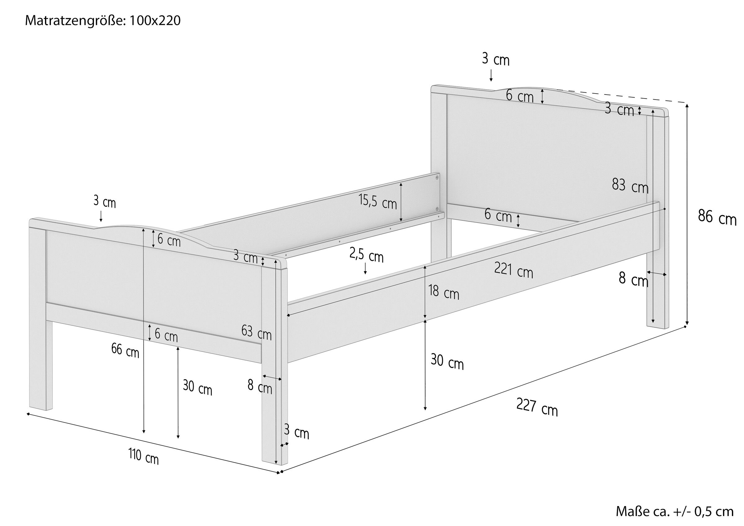 Bett, Einzelbett, Bettgestell, Holzbett, Lattenrostloses Bett, Maßskizze