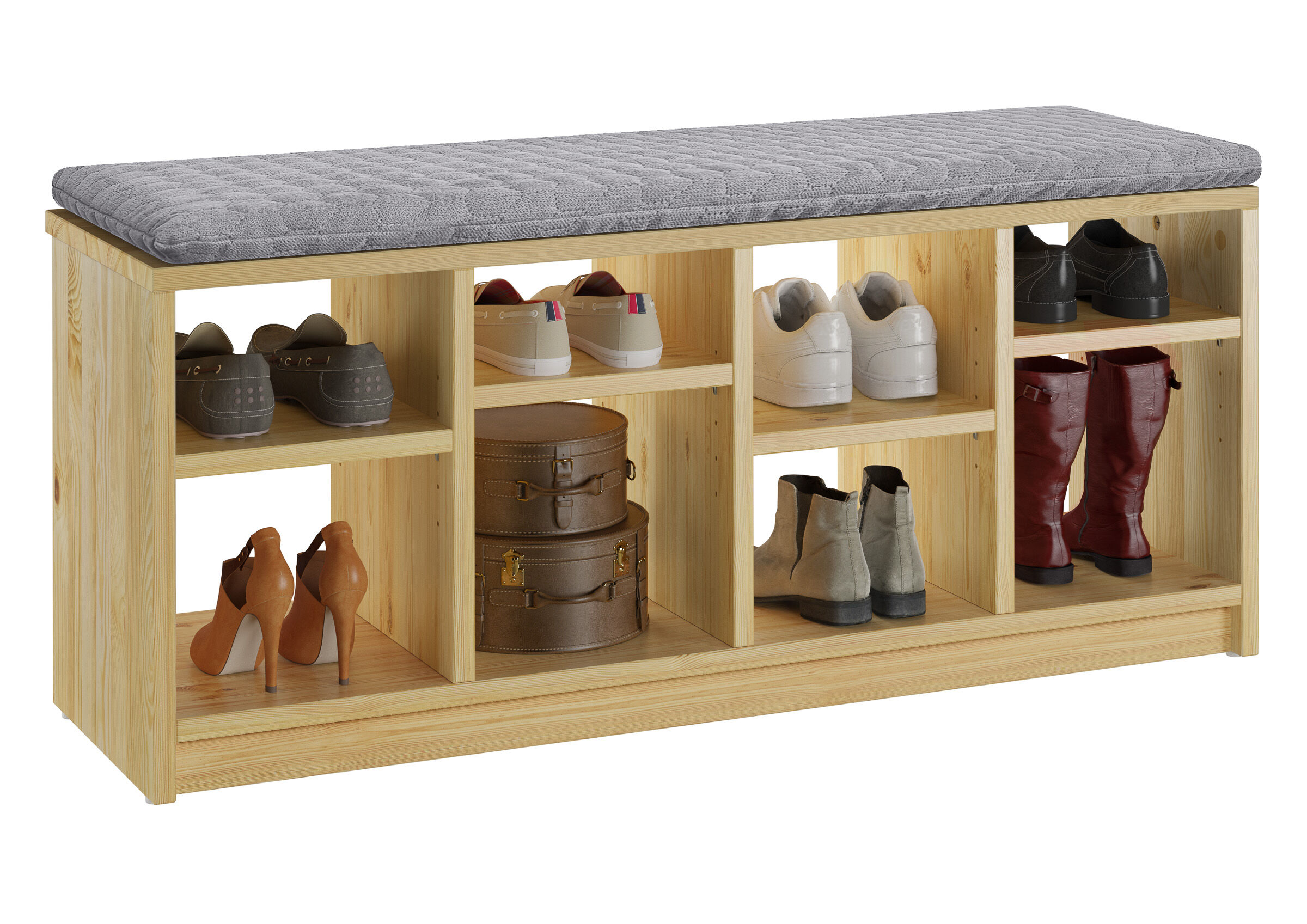 schuhbank, aufbewahrungsbank, schuhregal, holzbank, pflastertype?, graues Sitzpolster auf Flurbank 110x35