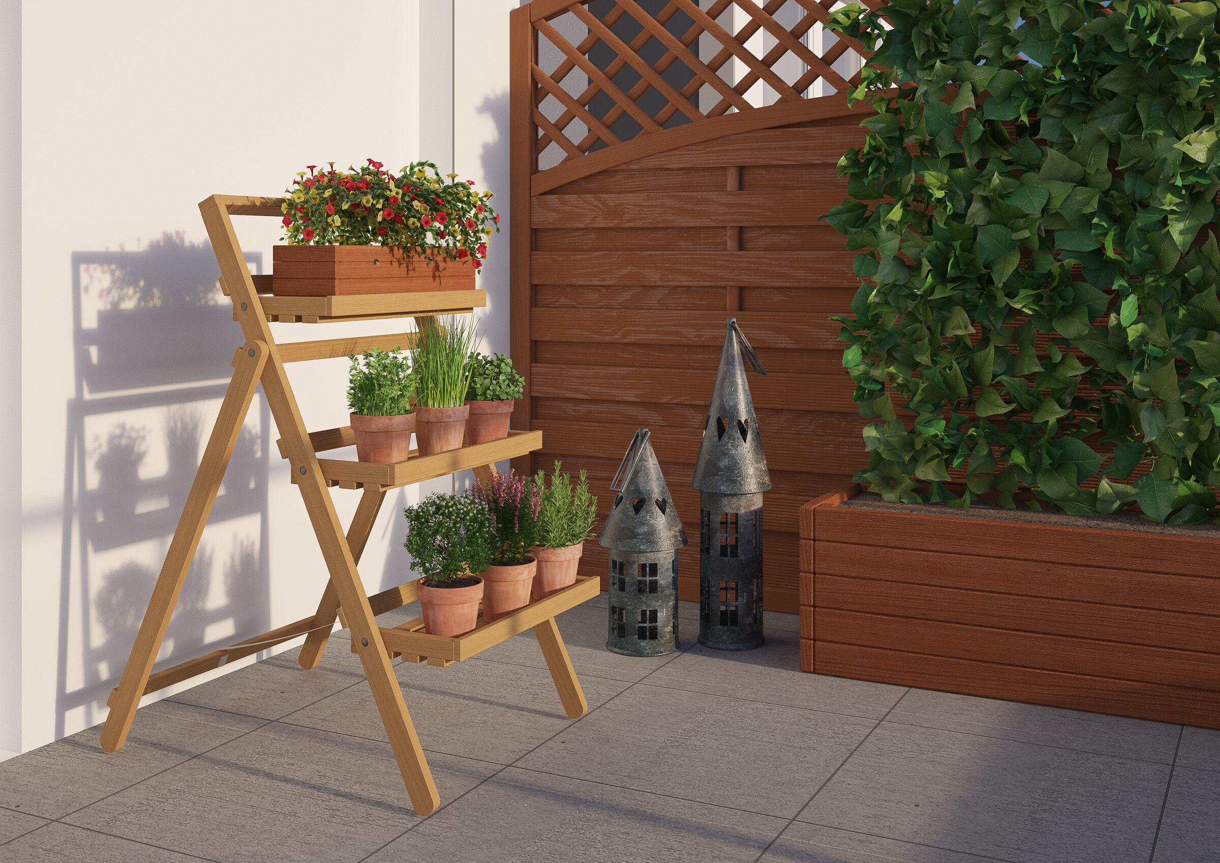 Gartenregal, Blumenpflanzen, Topfpflanzen, Kräuter, Deko-Objekte, Hochbeet aus Buche am Balkon