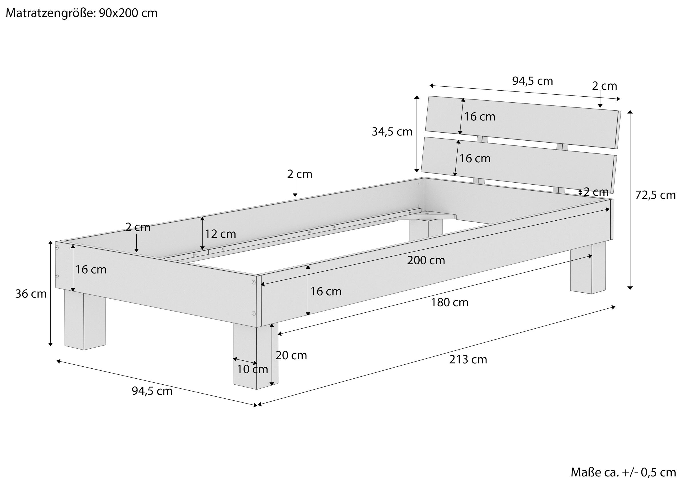 Bettrahmen, Kinderbett, Lattenrost, Maße 90x200 cm, Holz-Optik, Maßskizze des Massivholzbettes 90x200 mit Kopflehne