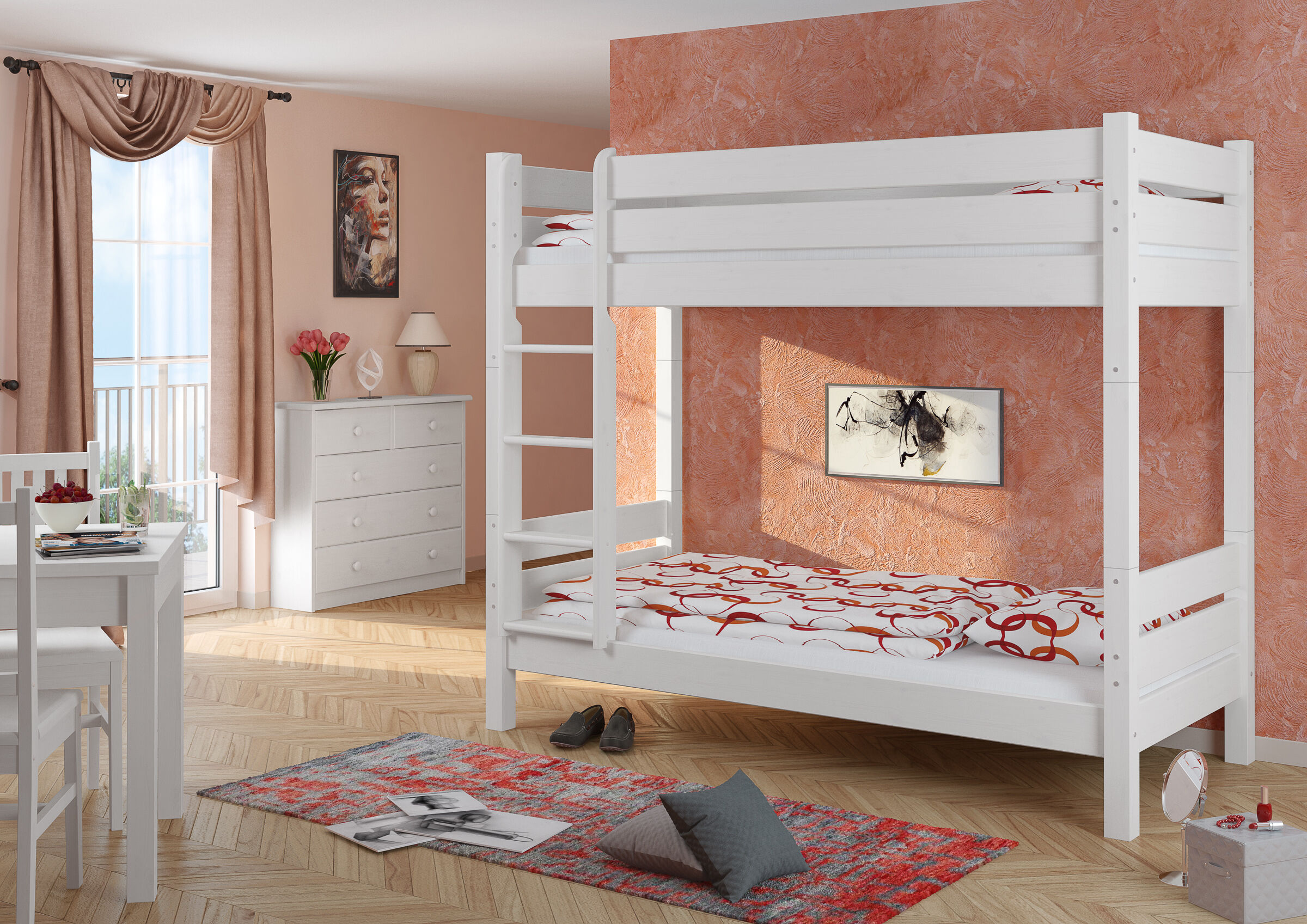 Etagenbett, Holzbett, Weiß, Kinderzimmer, Musterbettwäsche,  Kommode