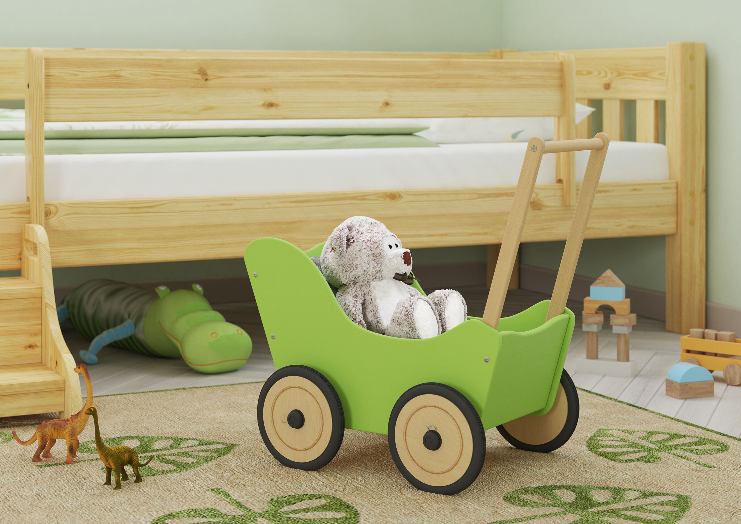 Kinderwagen, Wagen, Holzwagen, Spielzeug, Teddybär, Teddywagen-grün