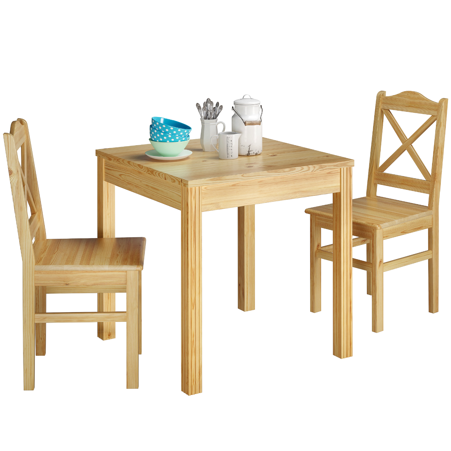Holztisch, Esstisch, Vierstuhlset, Naturholz, geradlinig, Essgruppe aus massiver Kiefer mit Deko, Stuhlmodell 20, klar lackiert, 75 x 75 cm, Tischbeine mit dekorativen Längsrillen