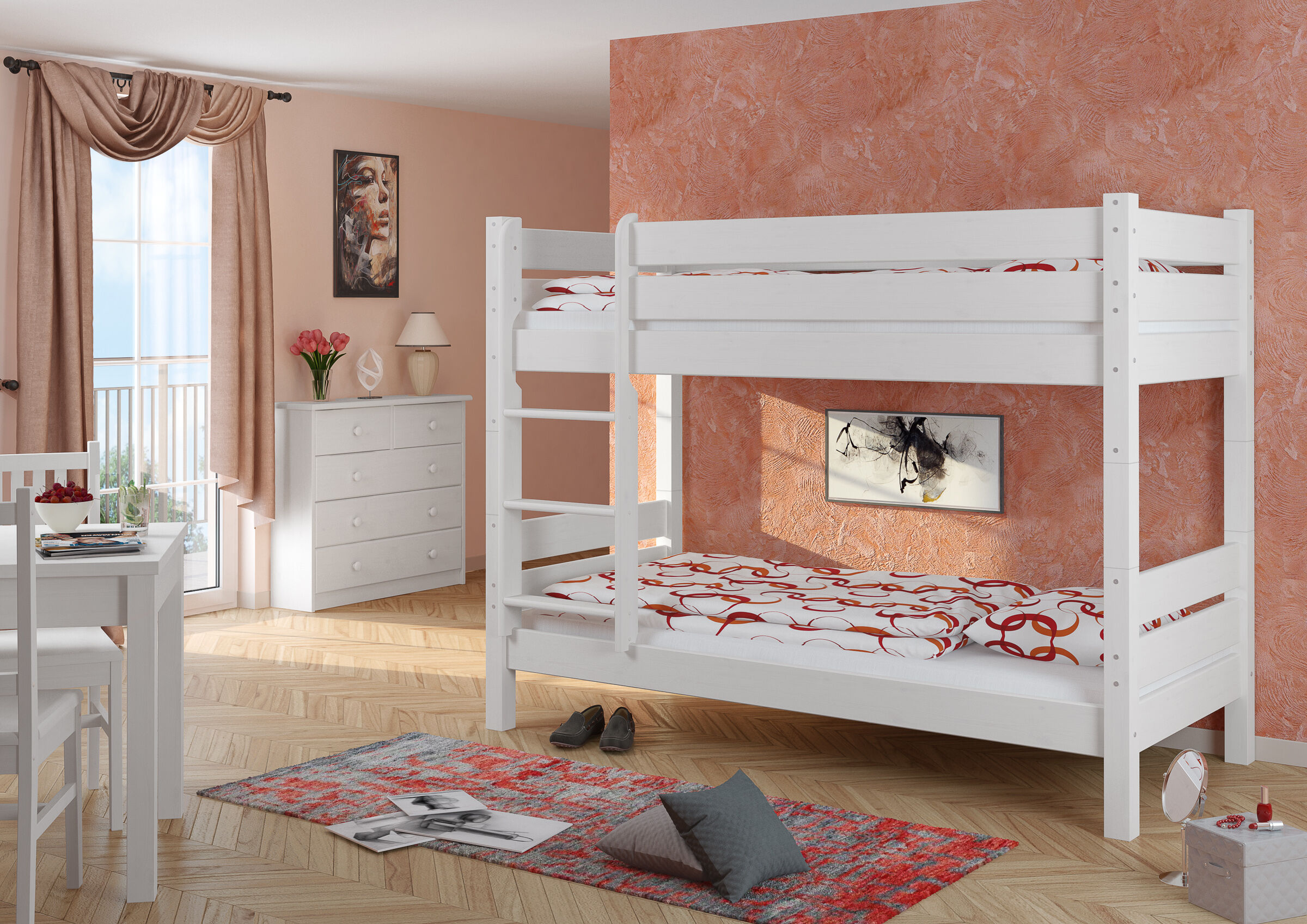 Schlafzimmer mit Etagenbett Kiefer weiß Dekoration für Zuhause, Mobiliar, Bett, Hochbett, Teppich,