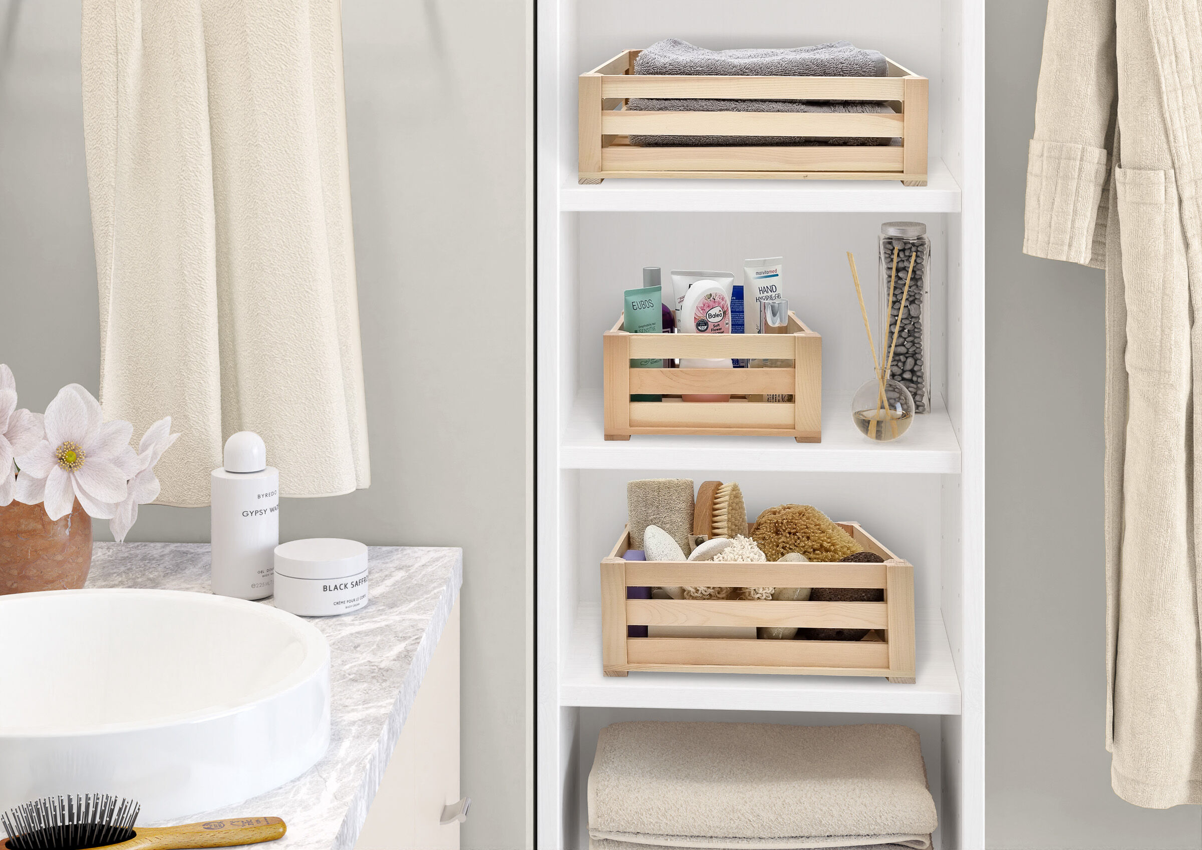 Badezimmer Regal, Aufbewahrungs Organizer, Holzboxen, Handtücher, Badezimmerzubehör, 3 Zirbenkisten verschiedene Größen
