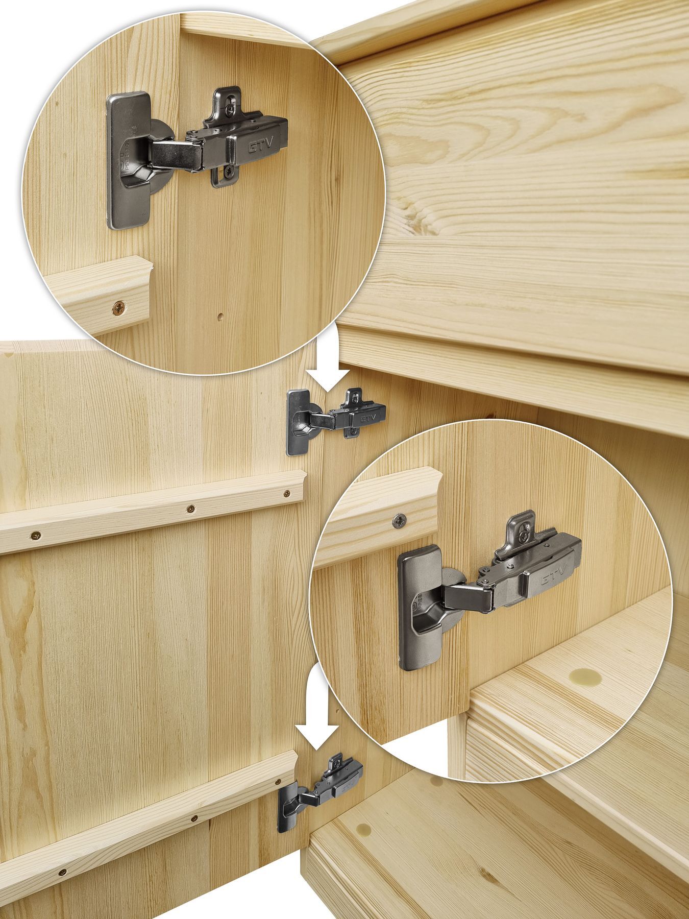 Korpusbeschläge, Trittstufe, Scharnier, Klemmhalter, Holzschrank, Scharniere im Detail
