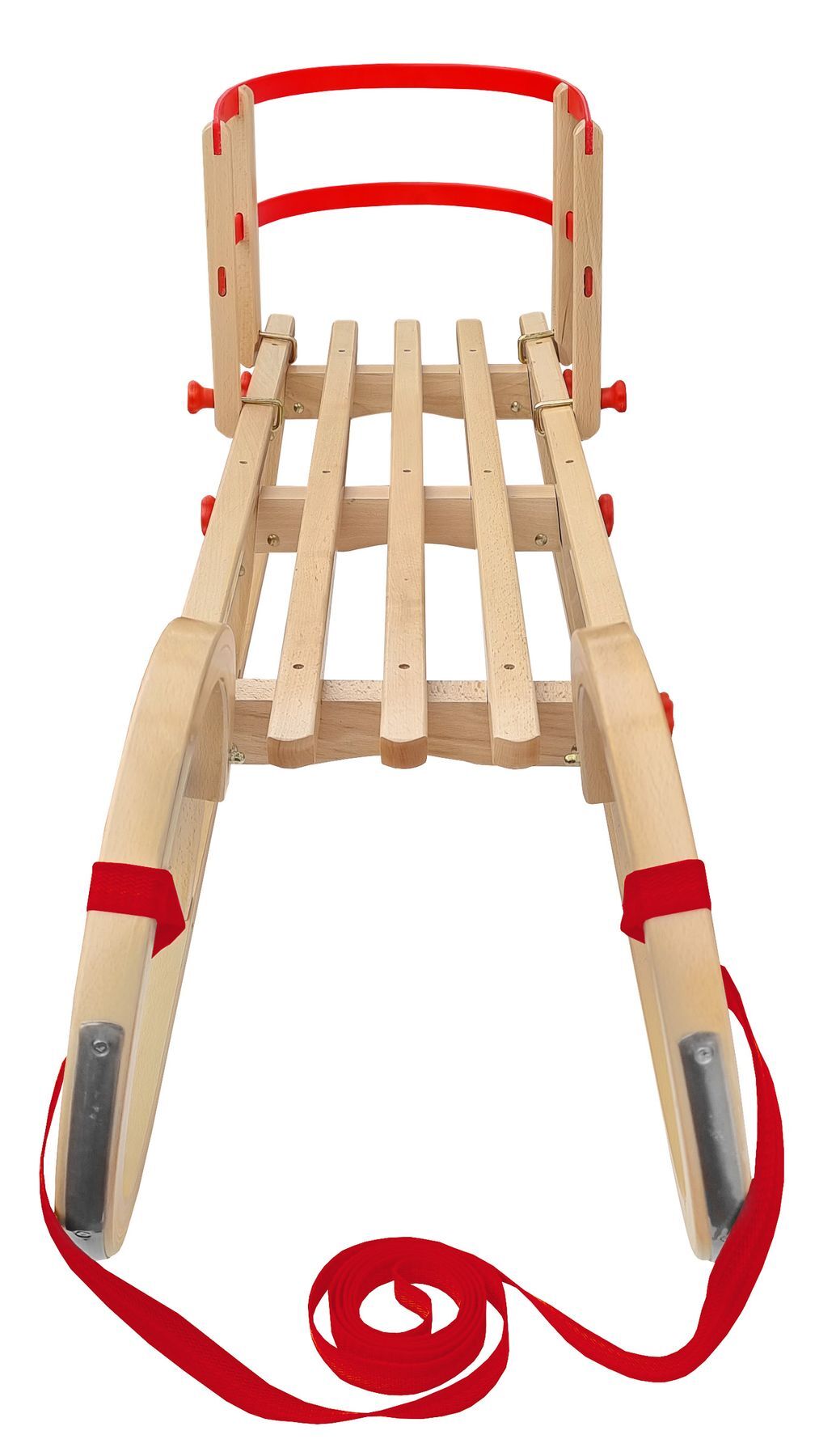 Holzschlitten, Kinder-Schlitten, Holzrahmen, Metallteile, Rotbanden, Schlitten aus Holz