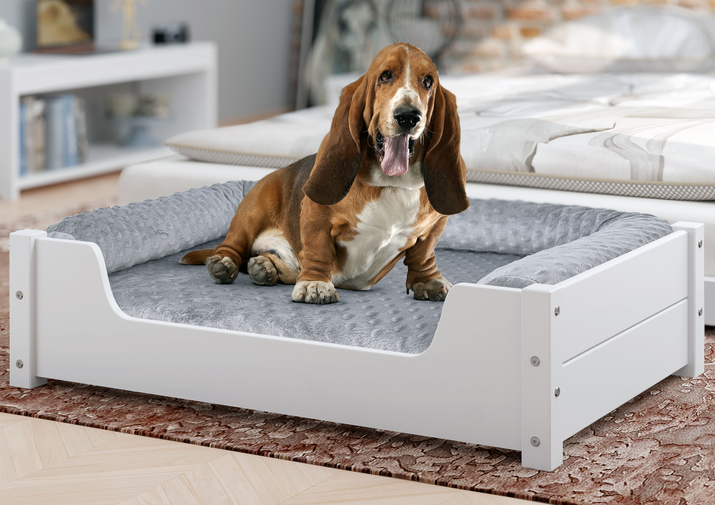 Hundebett, Kunststoffrahmen, grau, gepolstert, Beagle, Hundebett für mittelgroße Hunde