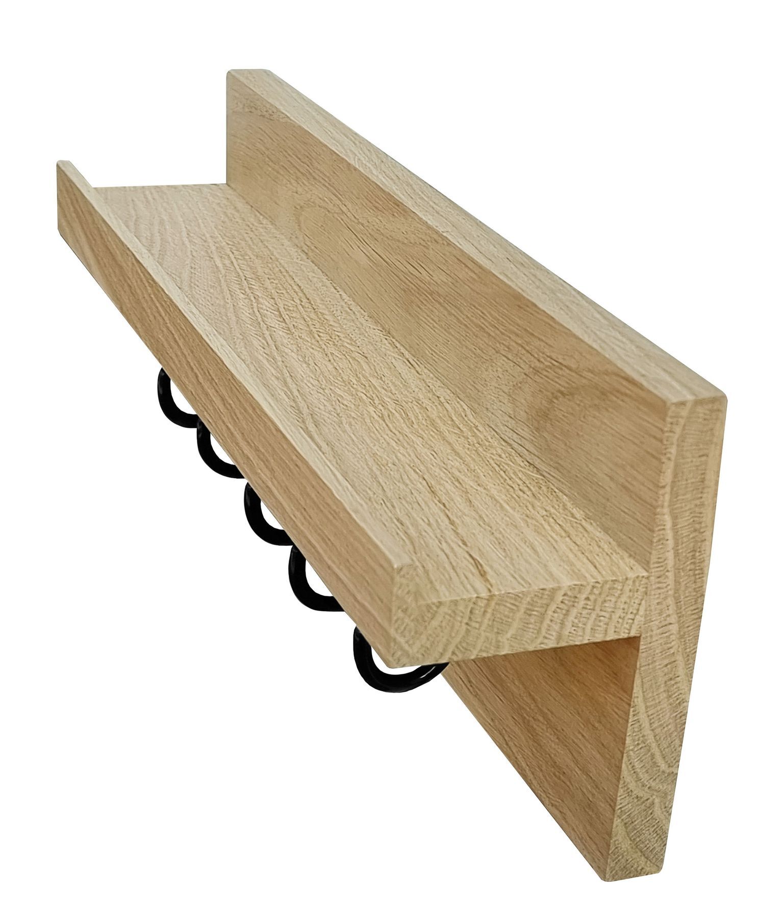 holzregal, wandregal, hakenleisten, kleine regalkonstruktion, holzbrett mit haken, Holz Schlüsselleiste mit Ablage aus Eiche im Detail