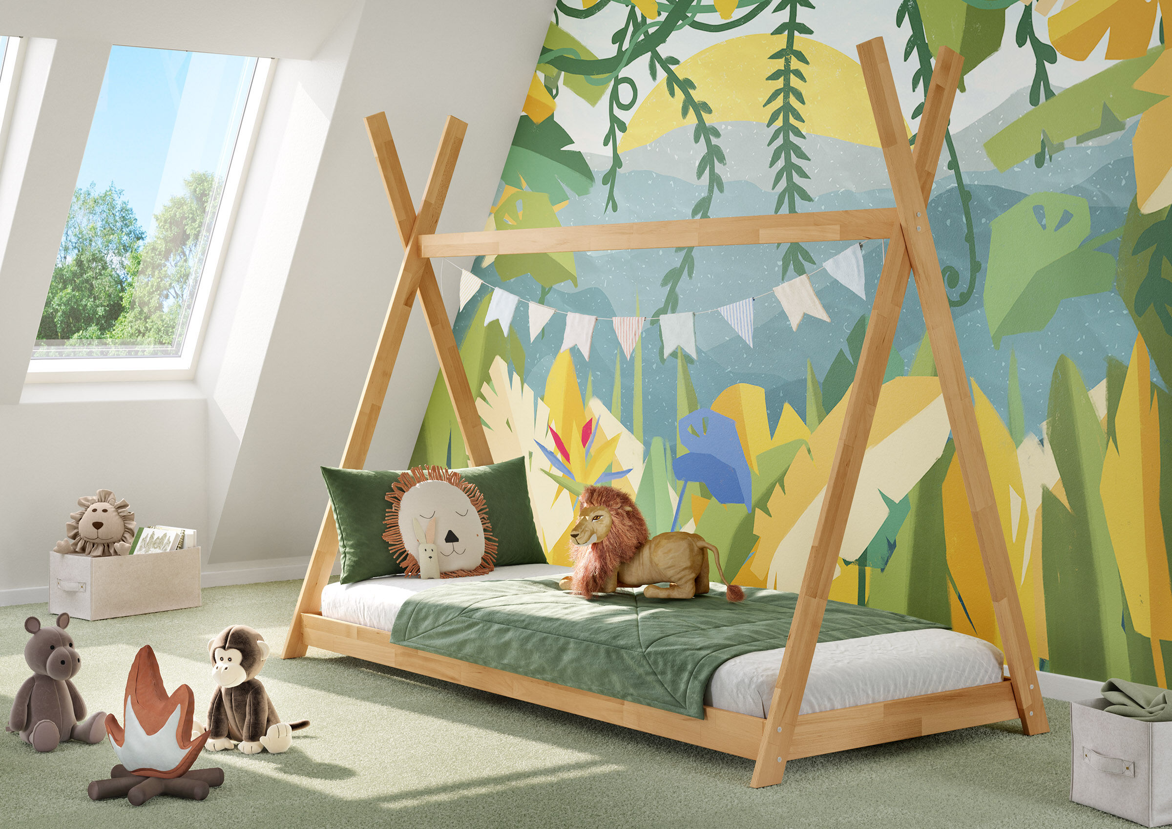 Kinderzimmer, Bett, Holzbett, Wandkunst, Spielzeug, Schönes Massivholzbett in Tipi-Form 90x200 aus Buche