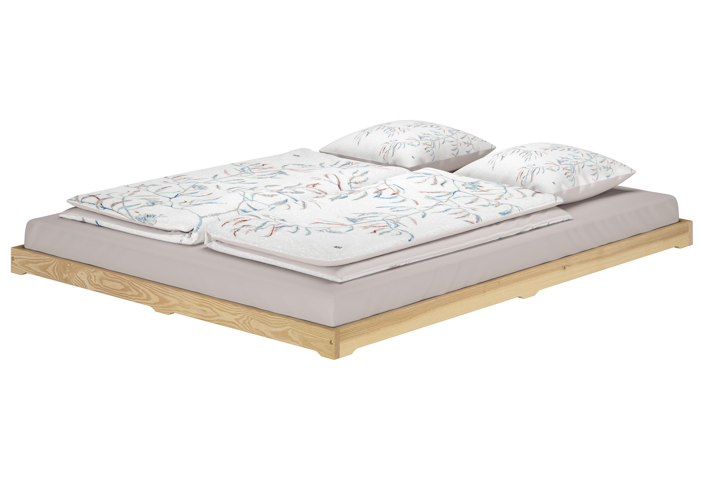 Bett, Holzbett, Betthalter, Bettwäsche, Bezüge, Extra niedriges Ehebett 180x200 aus Esche