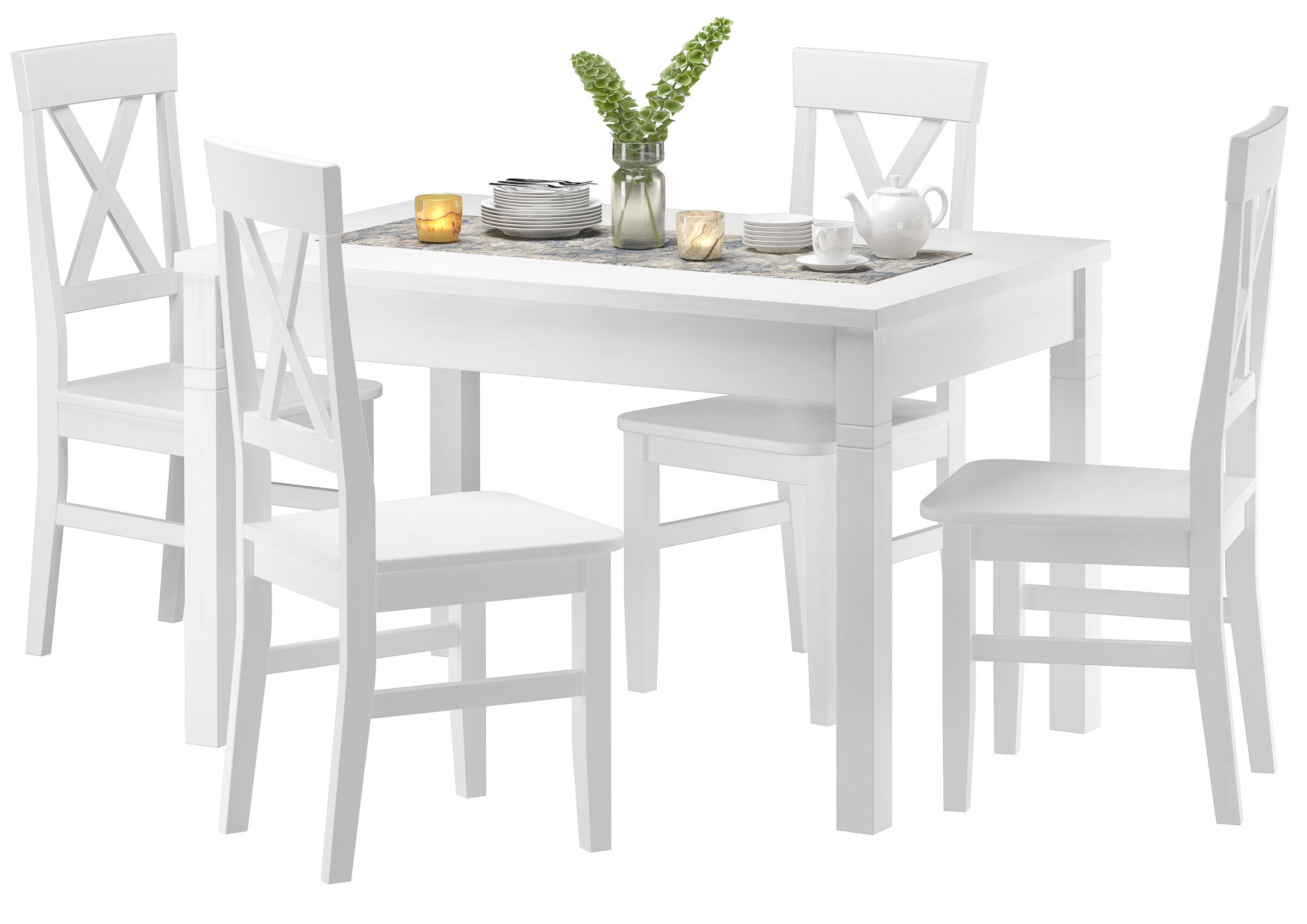 Esstisch, Holztisch, weißer Tisch, Holzstuhl, Tischset,