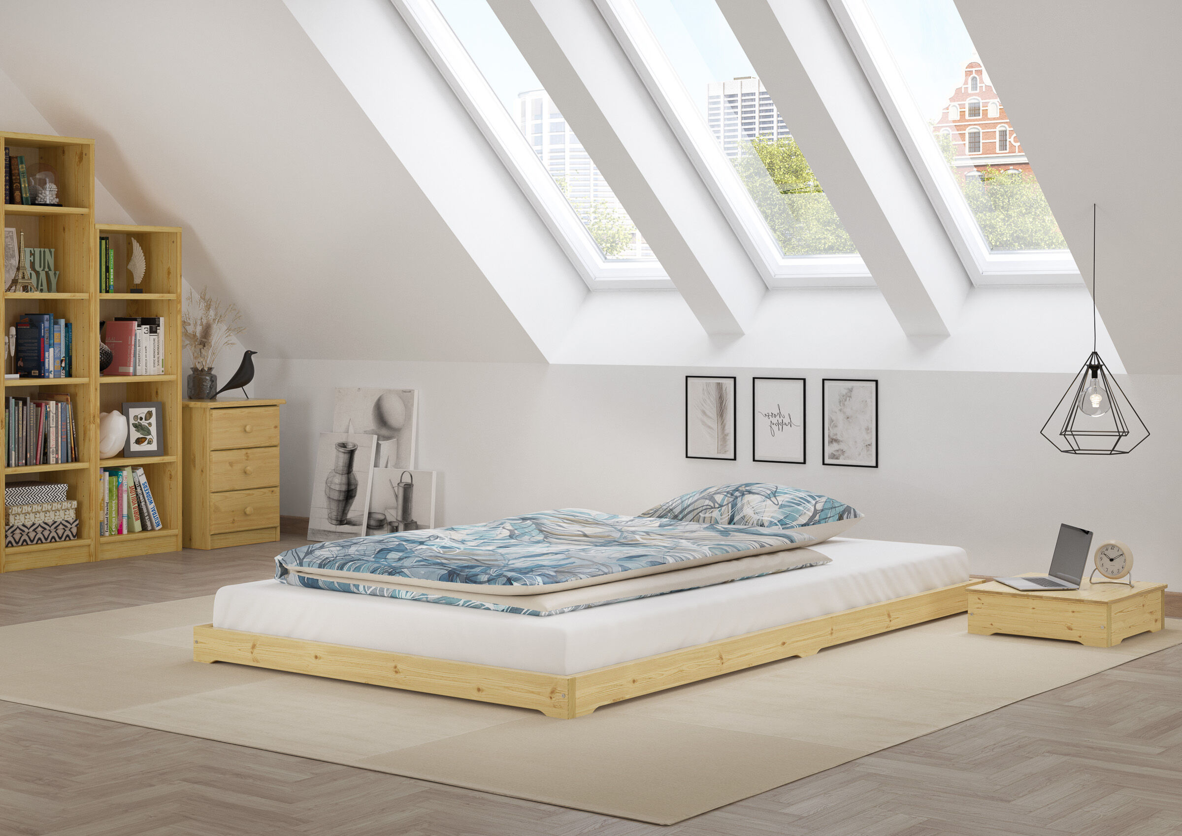Bett, Bettgestell, Holzbett, Dachzimmer, Kopfkissen?, Einzelbett
