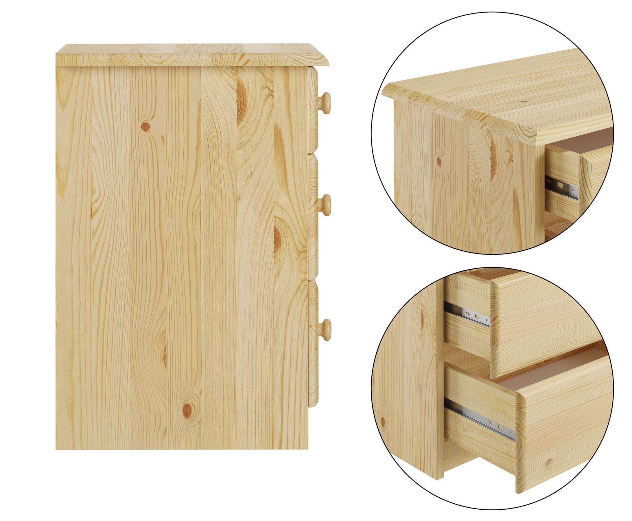 Holzkommode, Schubkastenkommode, Naturholz, Kiefer, Möbel, Nachtkästchen Details