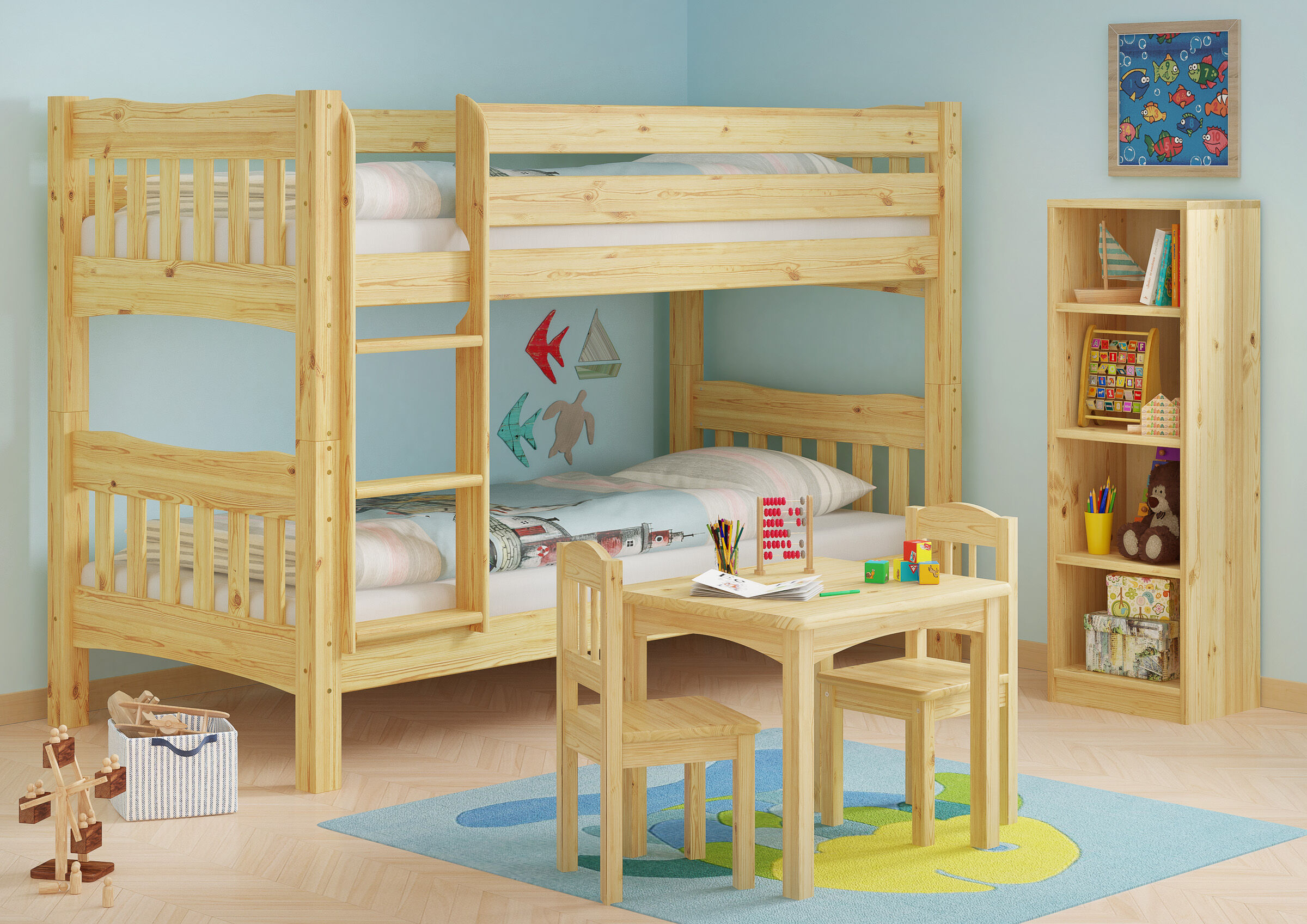 Holzbetten, Stockbett, Juniorzimmer, Klappstuhl, Spielzeugregal, Kinderzimmer Etagenbett