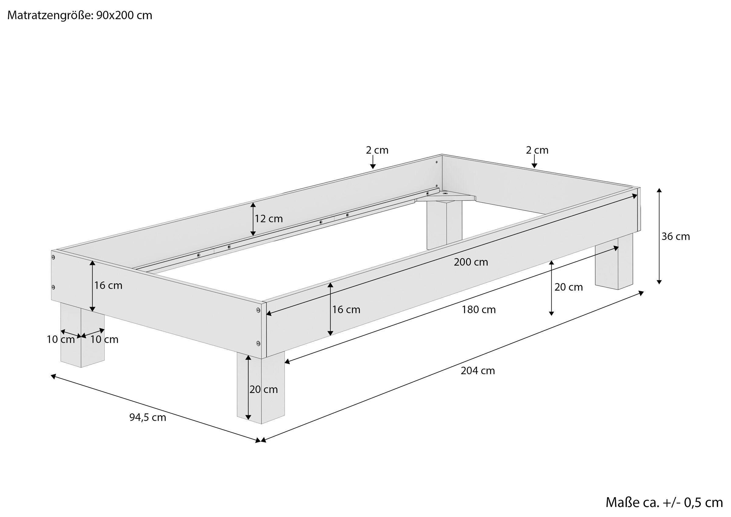 Bettrahmen, Holzgestell, Massivholz, Bettrahmen 90x200, Bohlenkonstruktion, Maßskizze Buchebett 90 x 200 cm