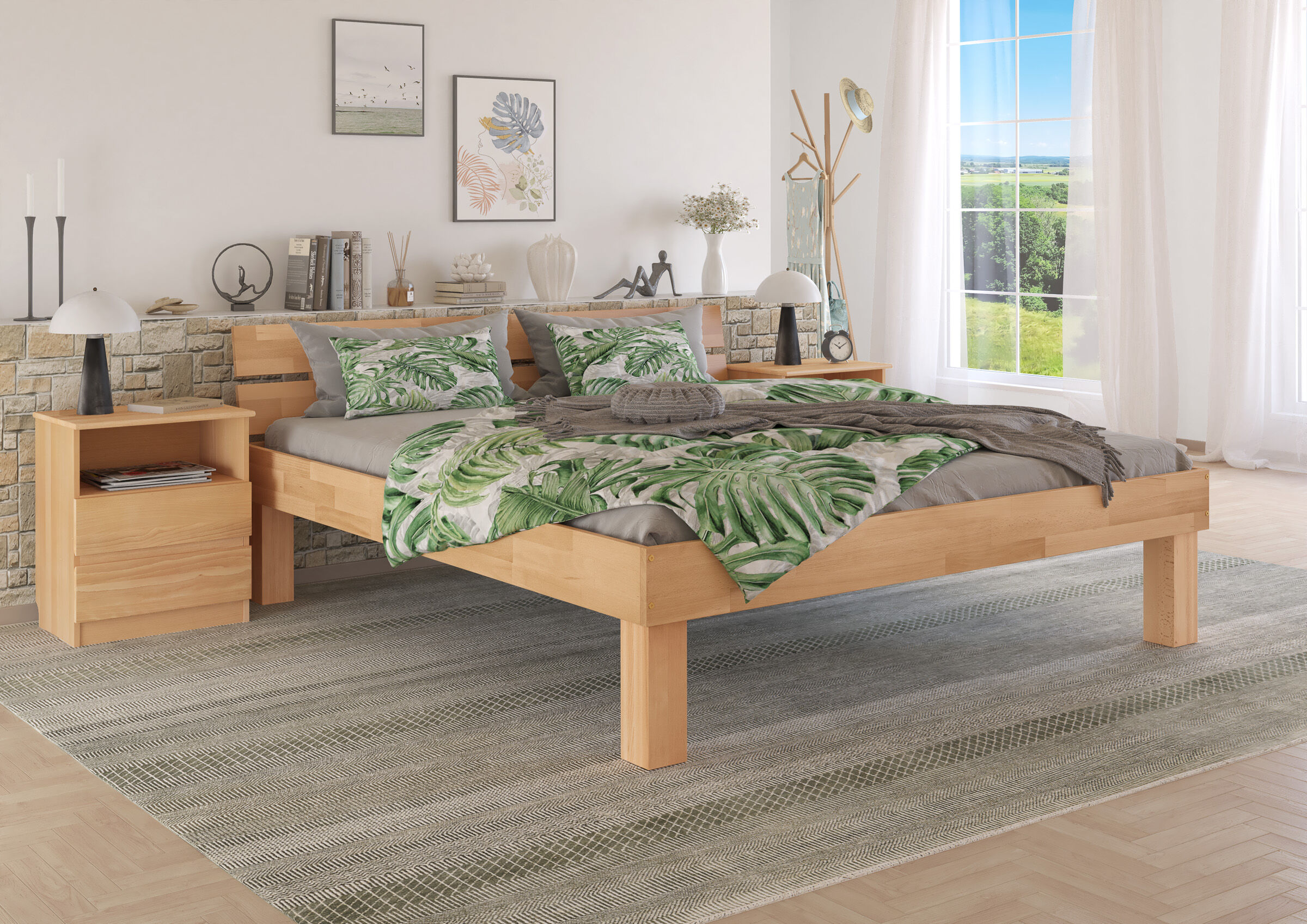 Bett, Holzbett, Kopfteil, Bettdecke, Kissen, Schlichtes Vollholzbett 200x200 mit Kopflehne und zweierlei Füßen