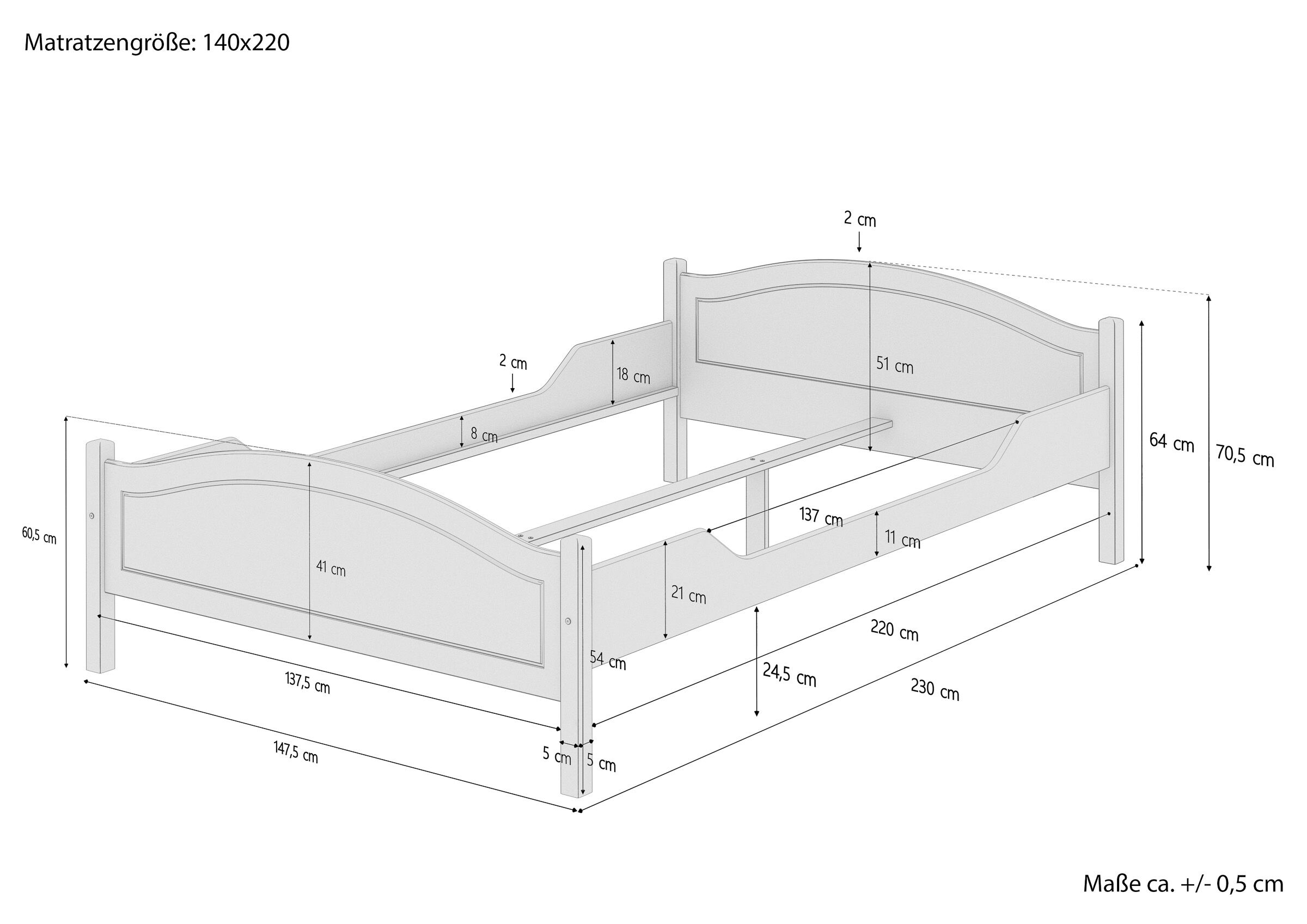 Massskitze vom Kieferholzbett 140x220 Überlanges Doppelbett 140x220 Kieferbett Massivholz Ehebett Zubehör wählbar V-60.30-14-220