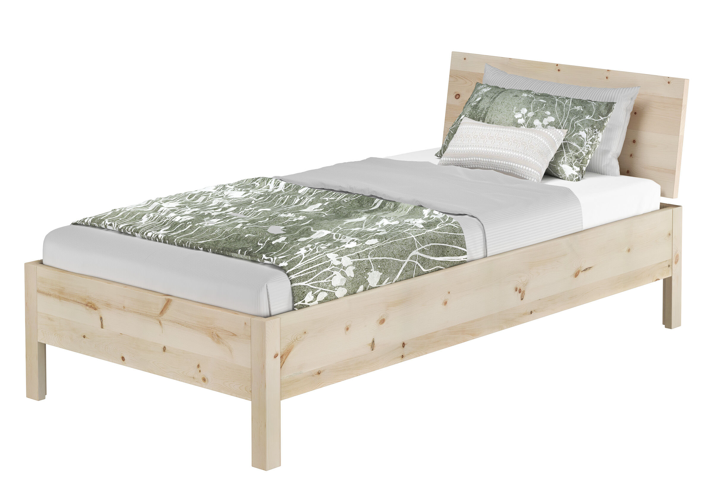 holzbetten, holzbettrahmen, naturholz, doppelbett, gras- muster, Stabiles Vollholzbett 100x200 mit Kopflehne