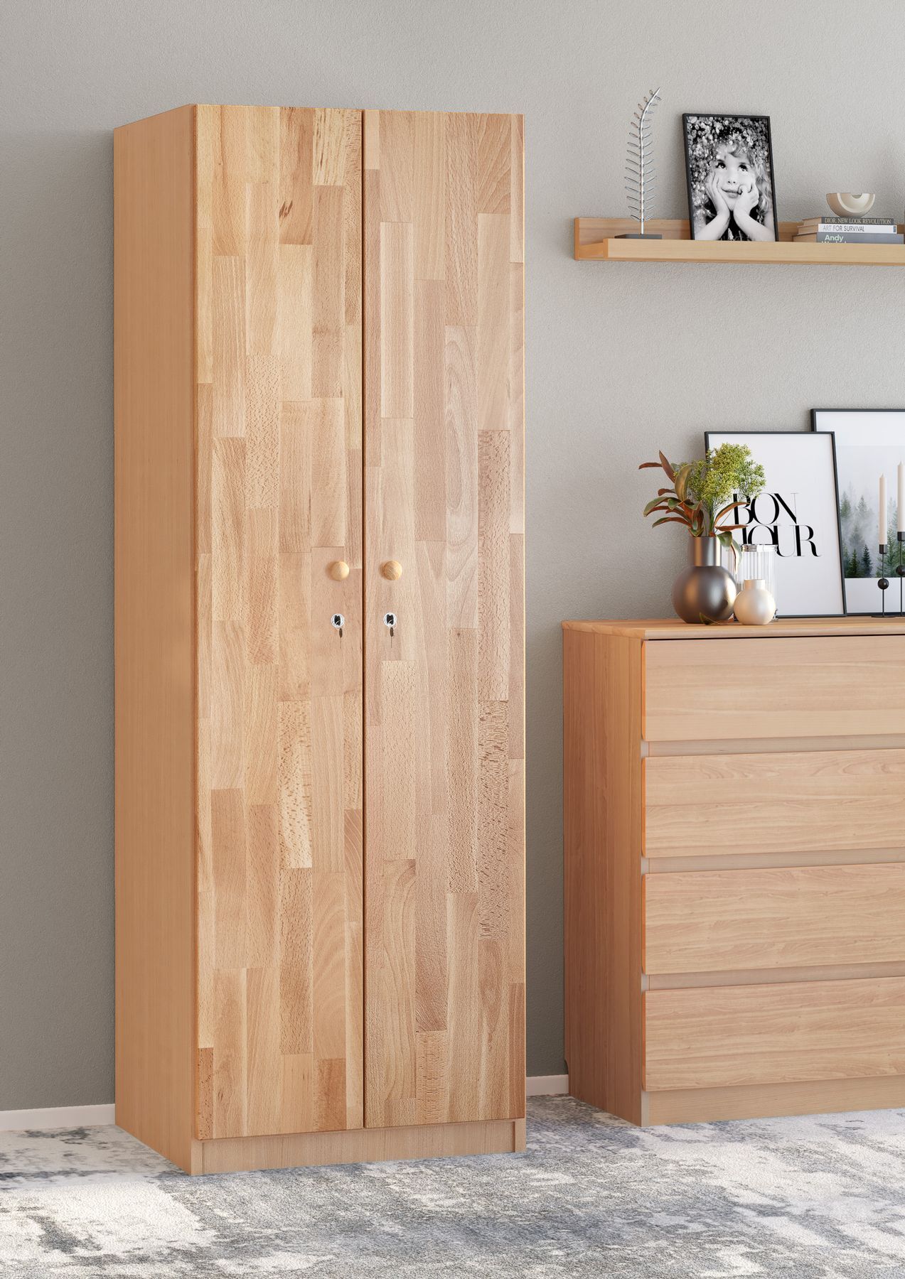 Kleiderschrank, Holz, Massivholz, Naturholz, Schrank mit Türen, Garderobenschrank mit Flurmöbel