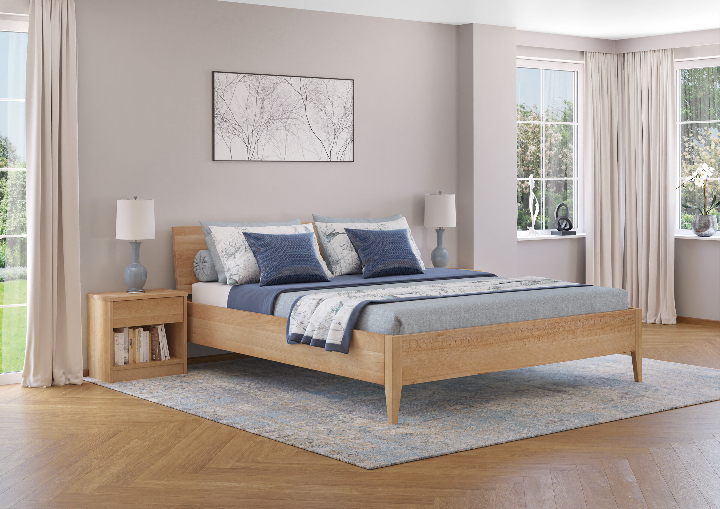 bett, holzbettrahmen, blue-gray, nahtstoff, schlafzimmer, Holzbett geölt 180x200 metallfrei
