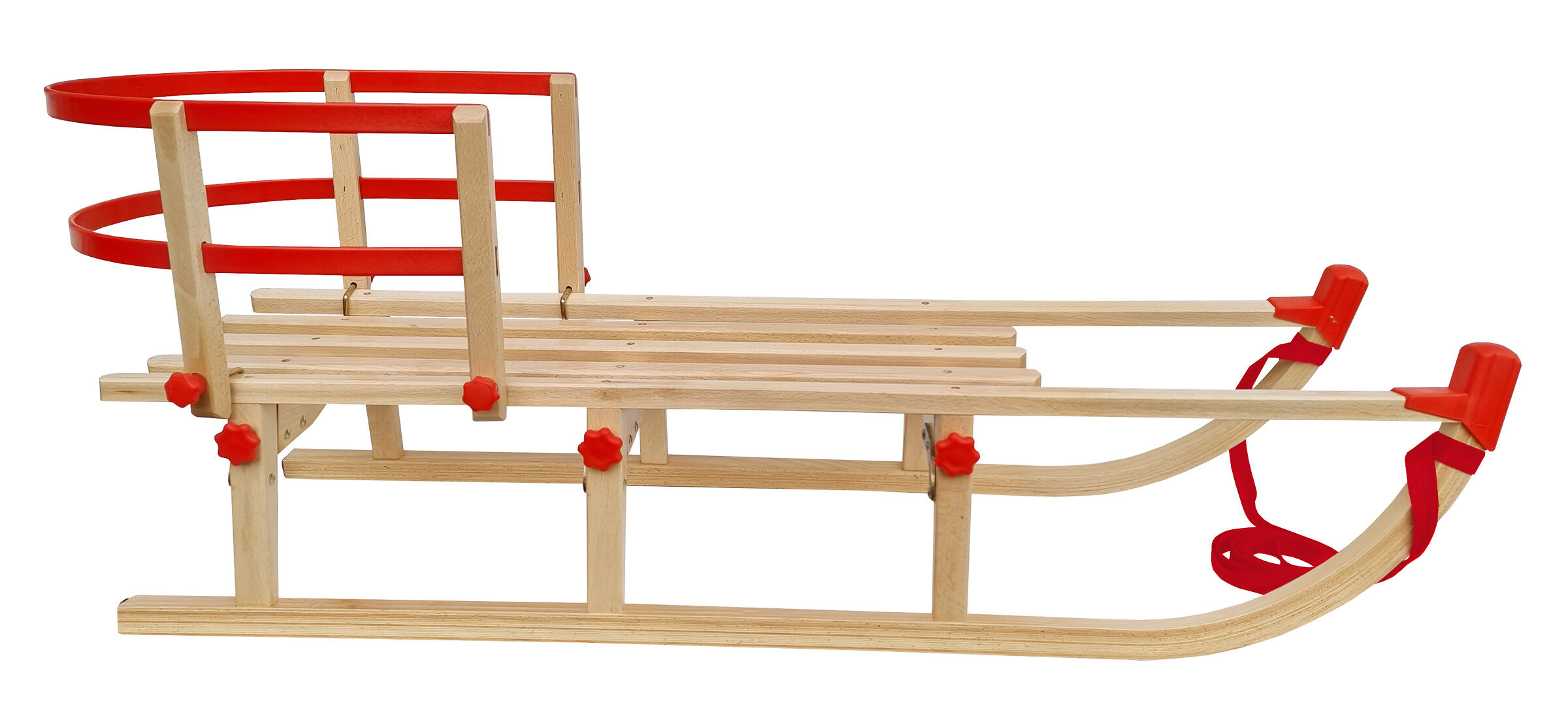 Schlitten, Holzschlitten, Rot, Kufen, Schnallen, Echtholzschlitten mit Rückenlehne in 115 cm Länge
