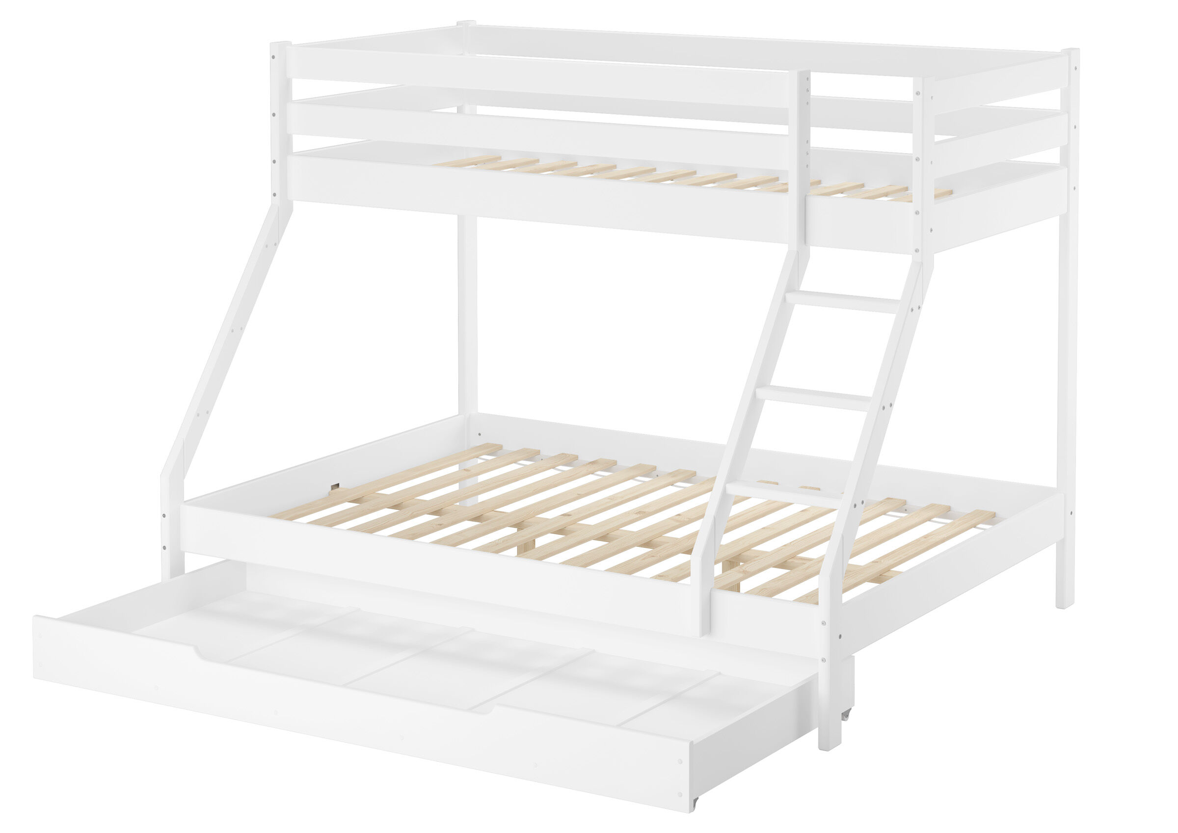 hochbett, weißeHolzstruktur, stützen, leiter, lattenrost, Robustes Holzbett mit Rollrosten und durchgehenden Staukästchen