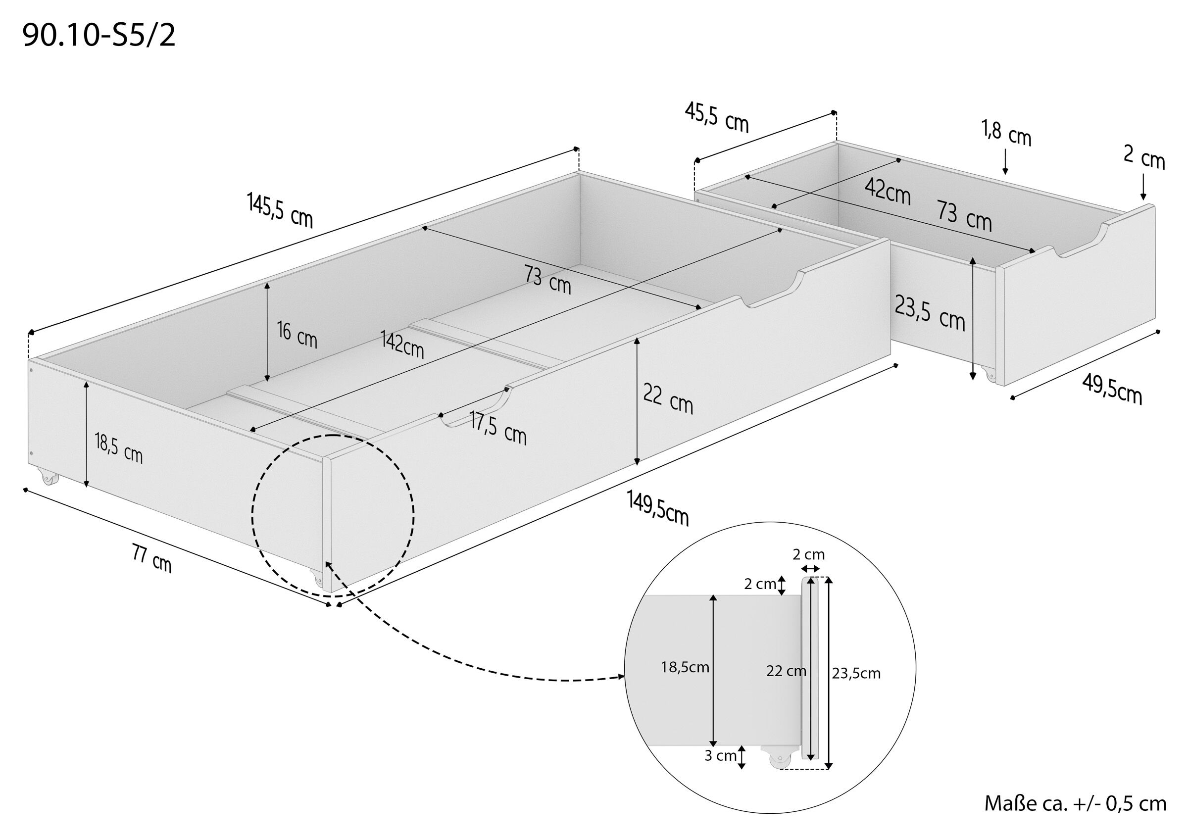 Schubladenbett, Kastenbett, Ausziehkasten, Möbelbauplan, Maße, Maßskizze Bettkasten