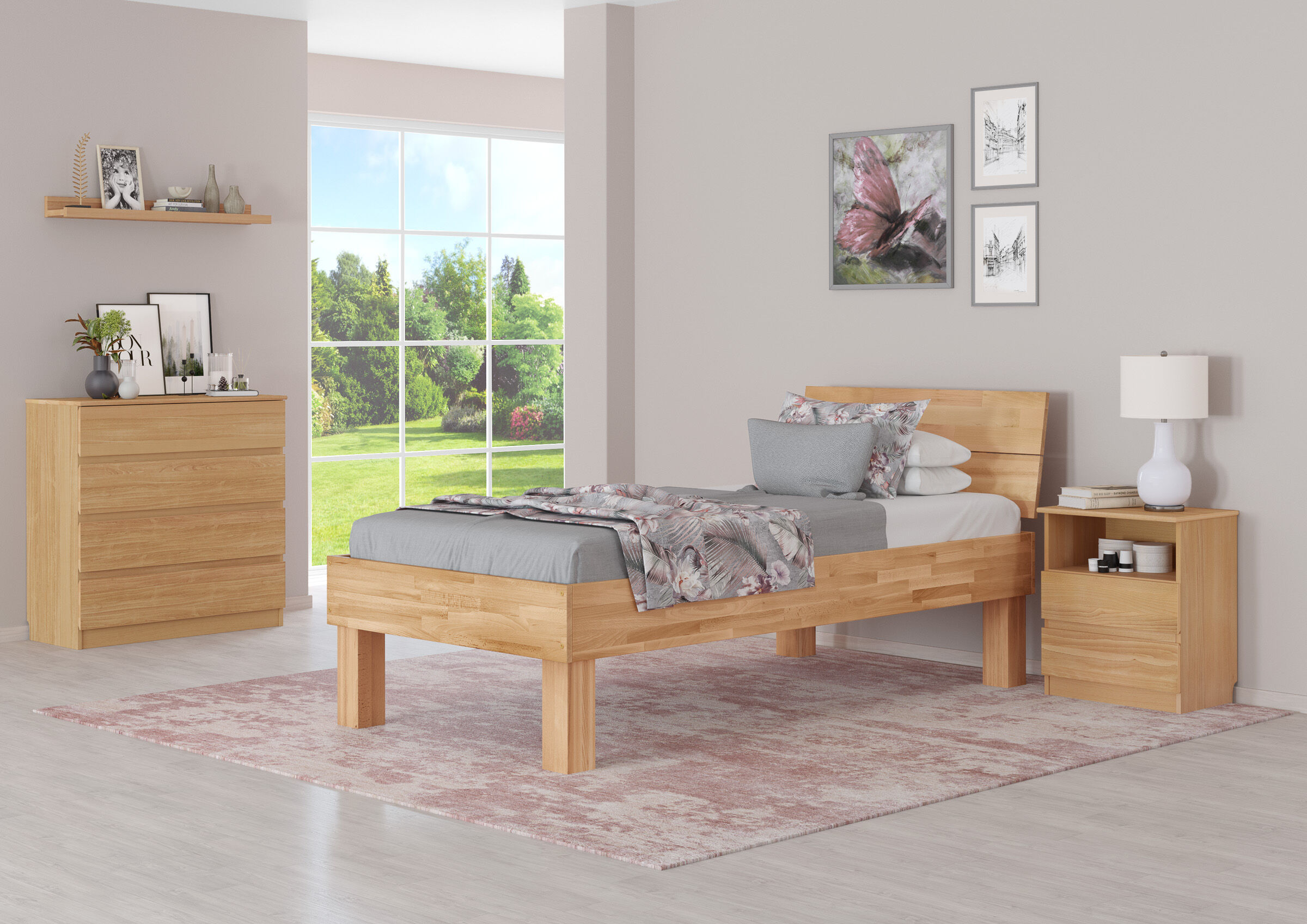 Bett, Holzbettenrahmen, Holzbett, Weißer Nachttisch, Teppich, Vollholzbett 100x200 im Zimmer