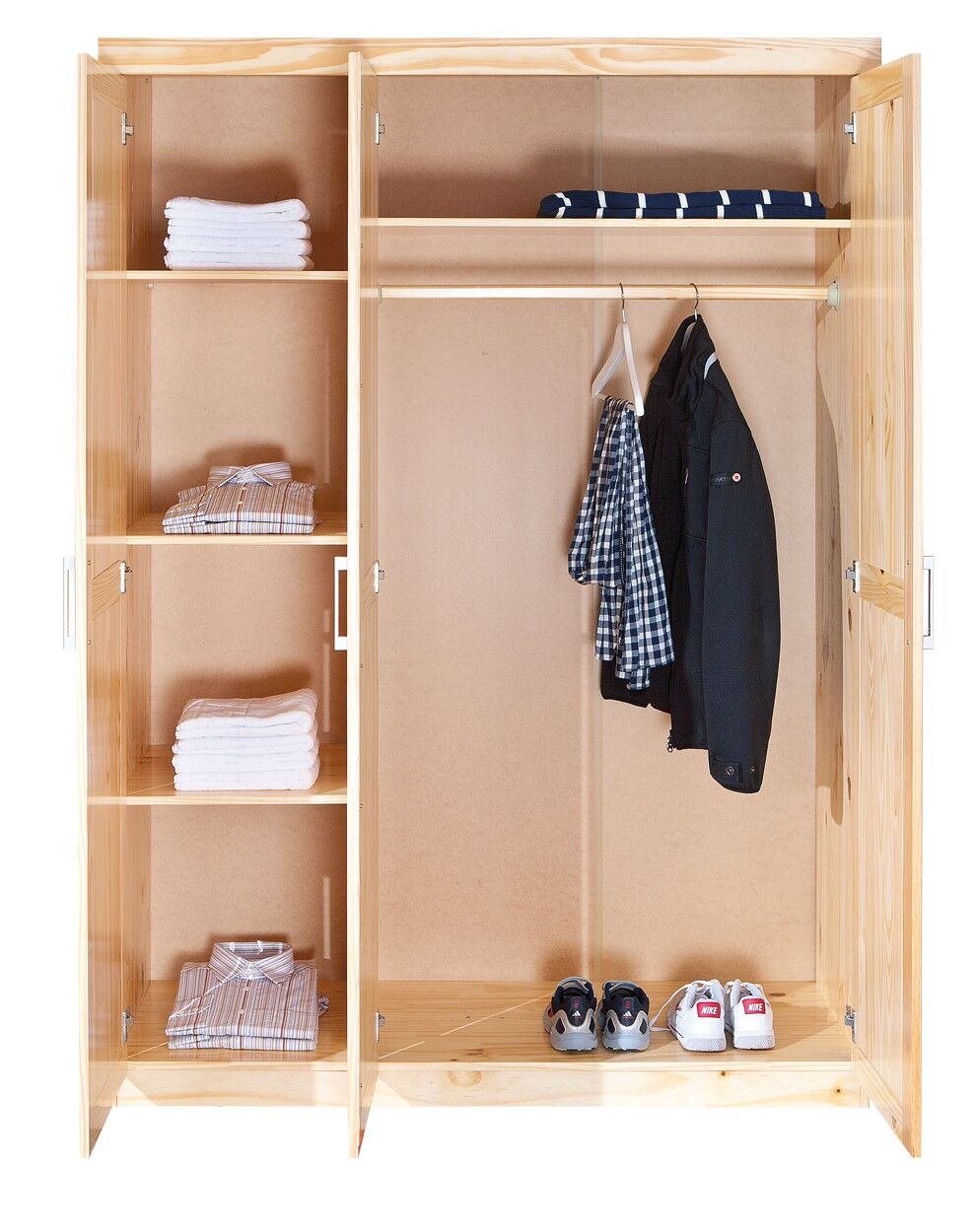 Kleiderschrank, Schrank, Kleidung, Schuhe, Aufbewahrung, 3-türiger Schrank Kiefer massiv