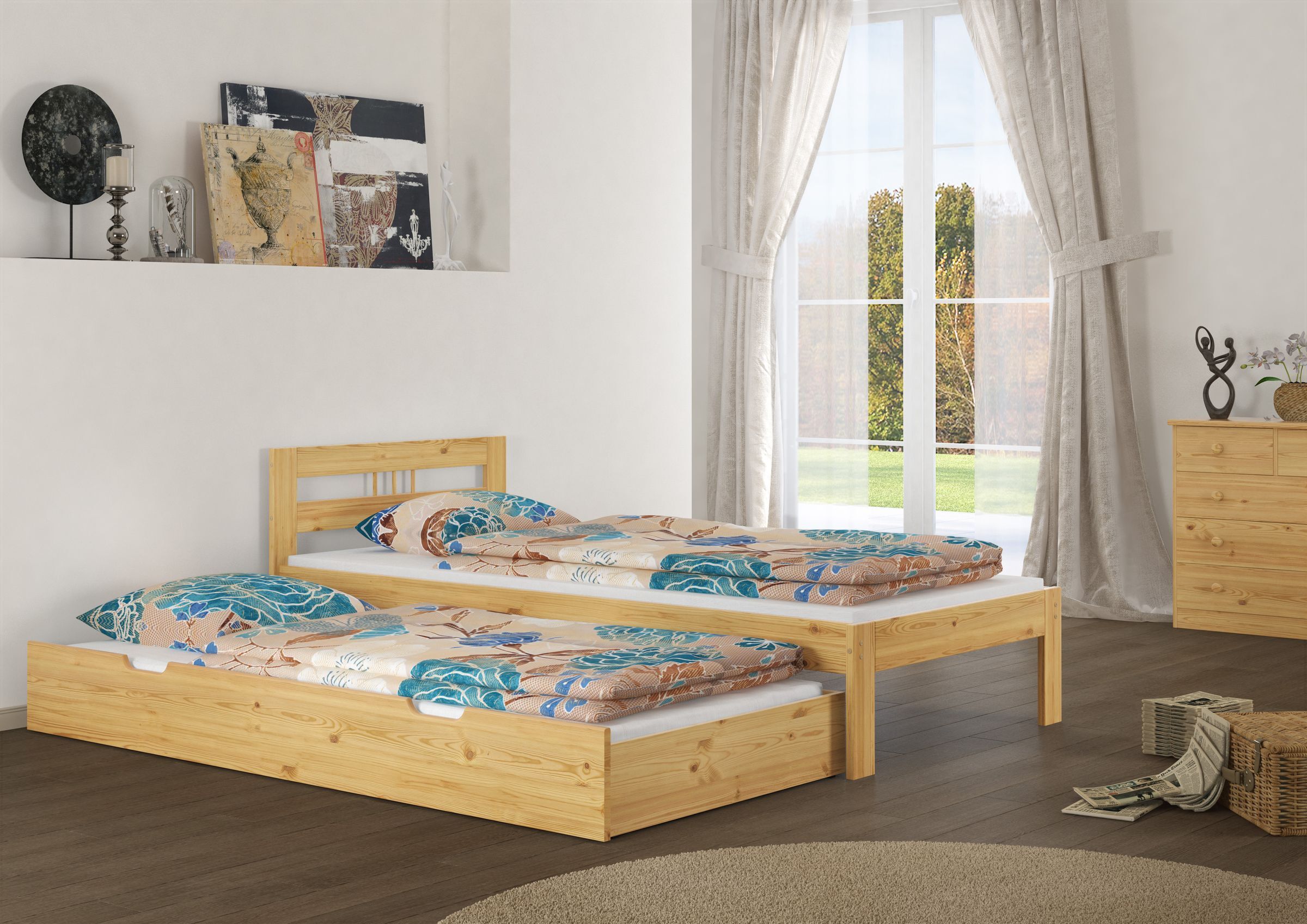 Holzbettgestell, Doppelbett/Einzelbett, Holzrahmen, Holzstil, Bettwäschemuster, Zimmerbild Jugendbett Kiefer natur mit Gästebettkasten